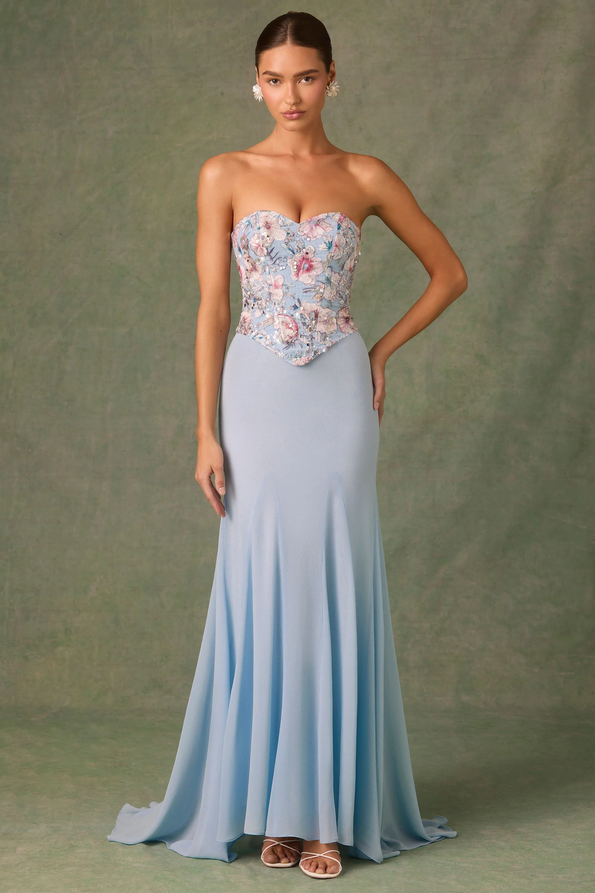 Embellished Corset Fishtail Gown in Floral Blue - TREBLEV