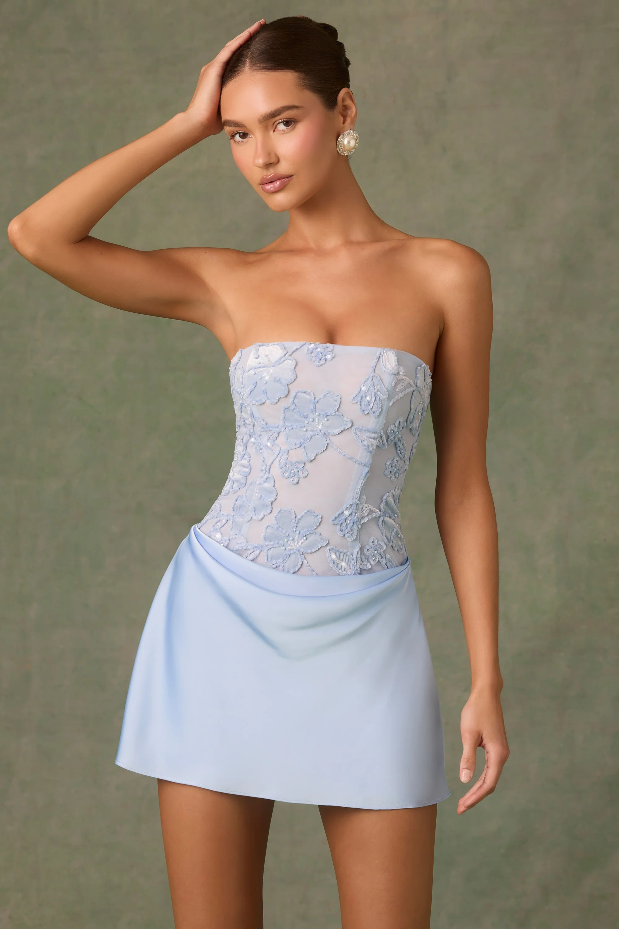 Embellished Draped Strapless A-Line Mini Dress in Sky Blue - TREBLEV