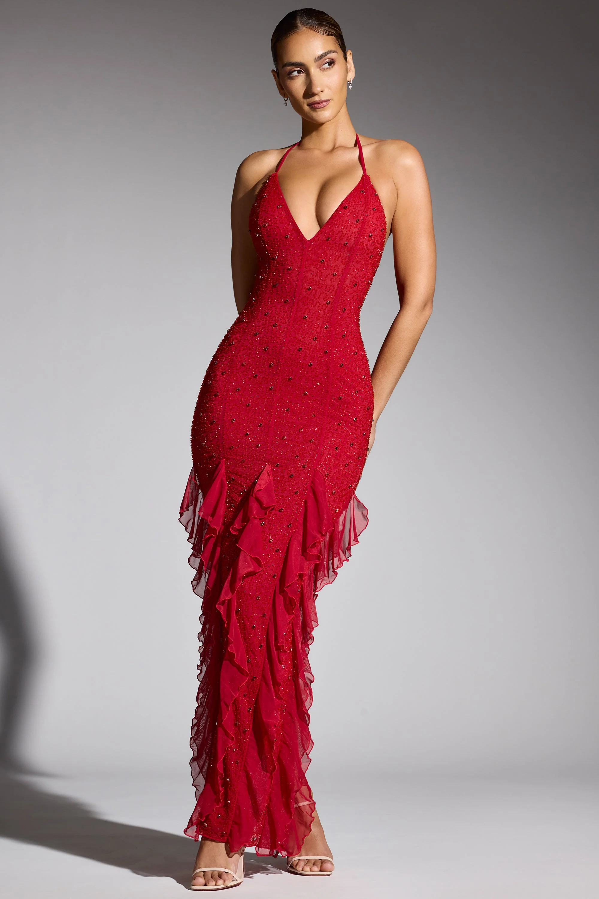 Embellished Halter Neck Ruffle Maxi Dress in Red - TREBLEV