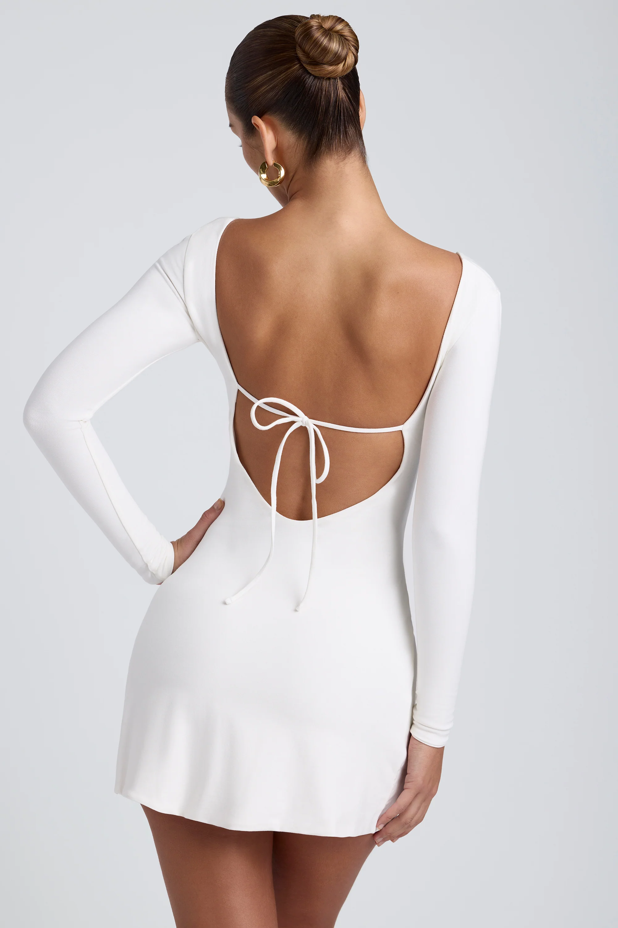 Modal Square Neck Long Sleeve Mini Dress in White - TREBLEV