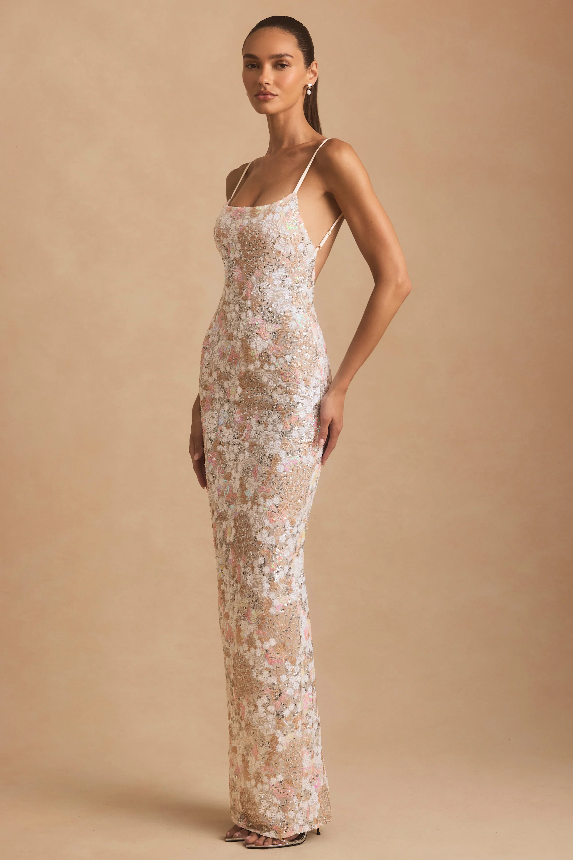Embellished Scoop-Neck Backless Maxi Dress in Ivory - TREBLEV