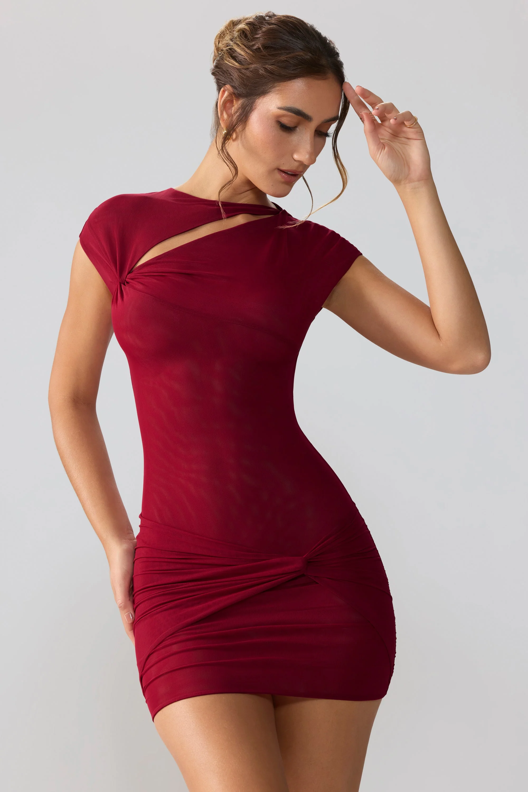 Mesh Cap Sleeve Cut Out Mini Dress in Ruby - TREBLEV