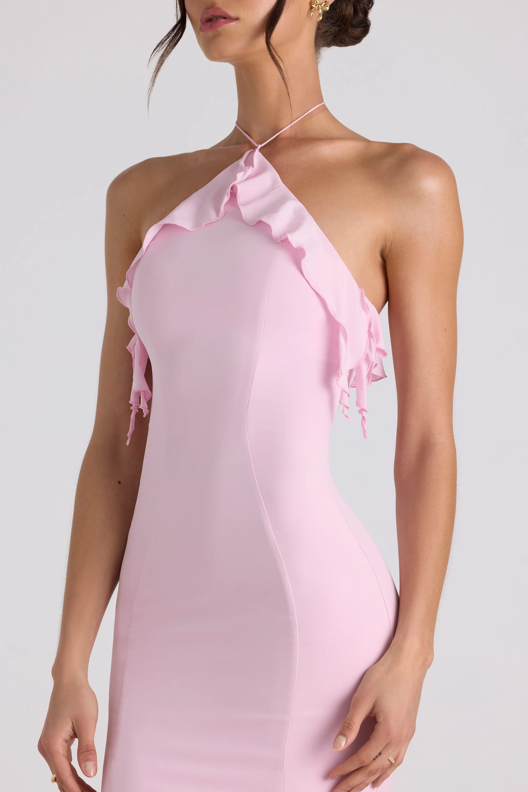 Ruffle-Trim Halterneck Gown in Soft Pink - TREBLEV
