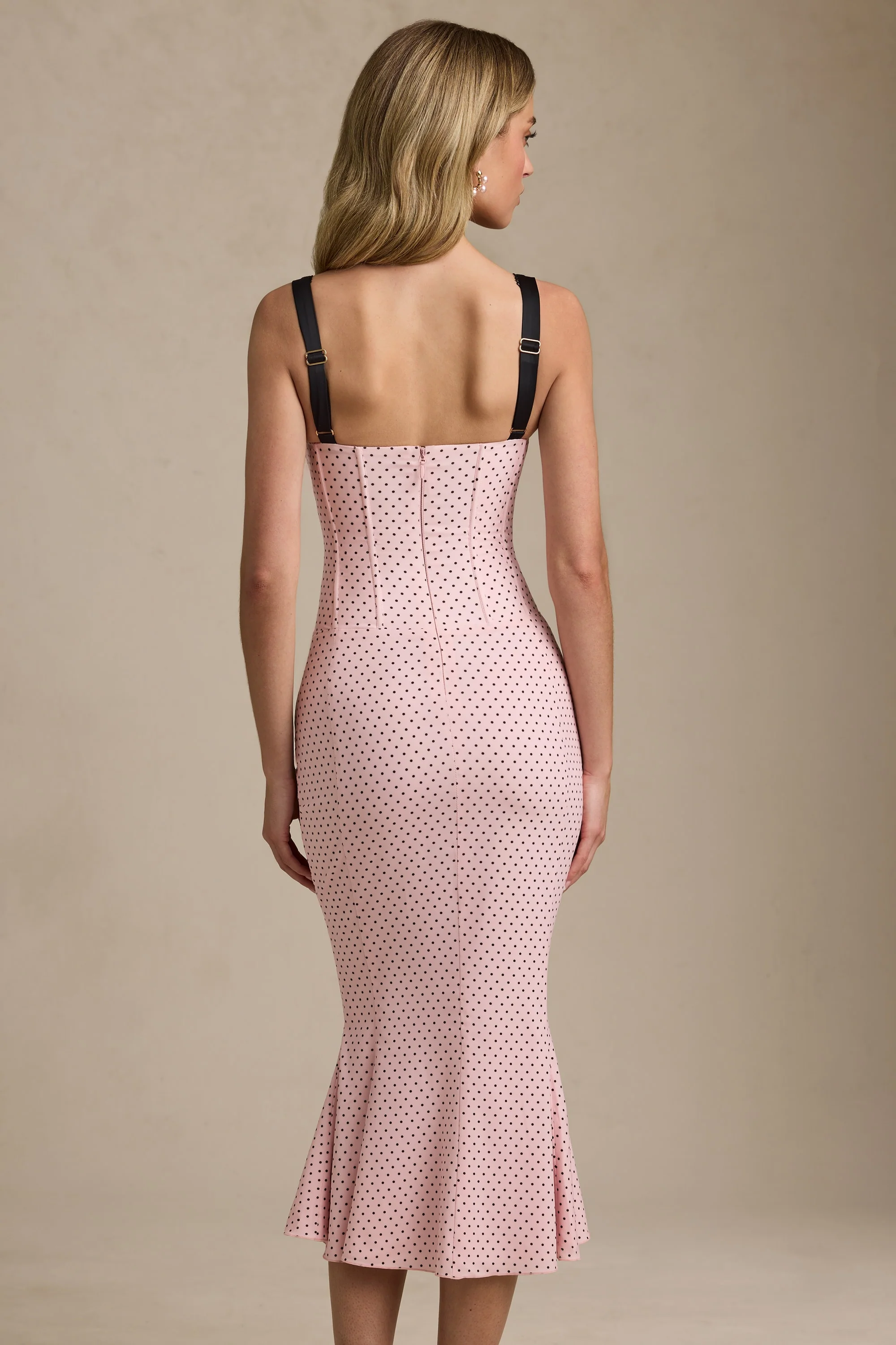 Layered Bra-Detail Fishtail Midaxi Dress in Pink Polka Dot - TREBLEV