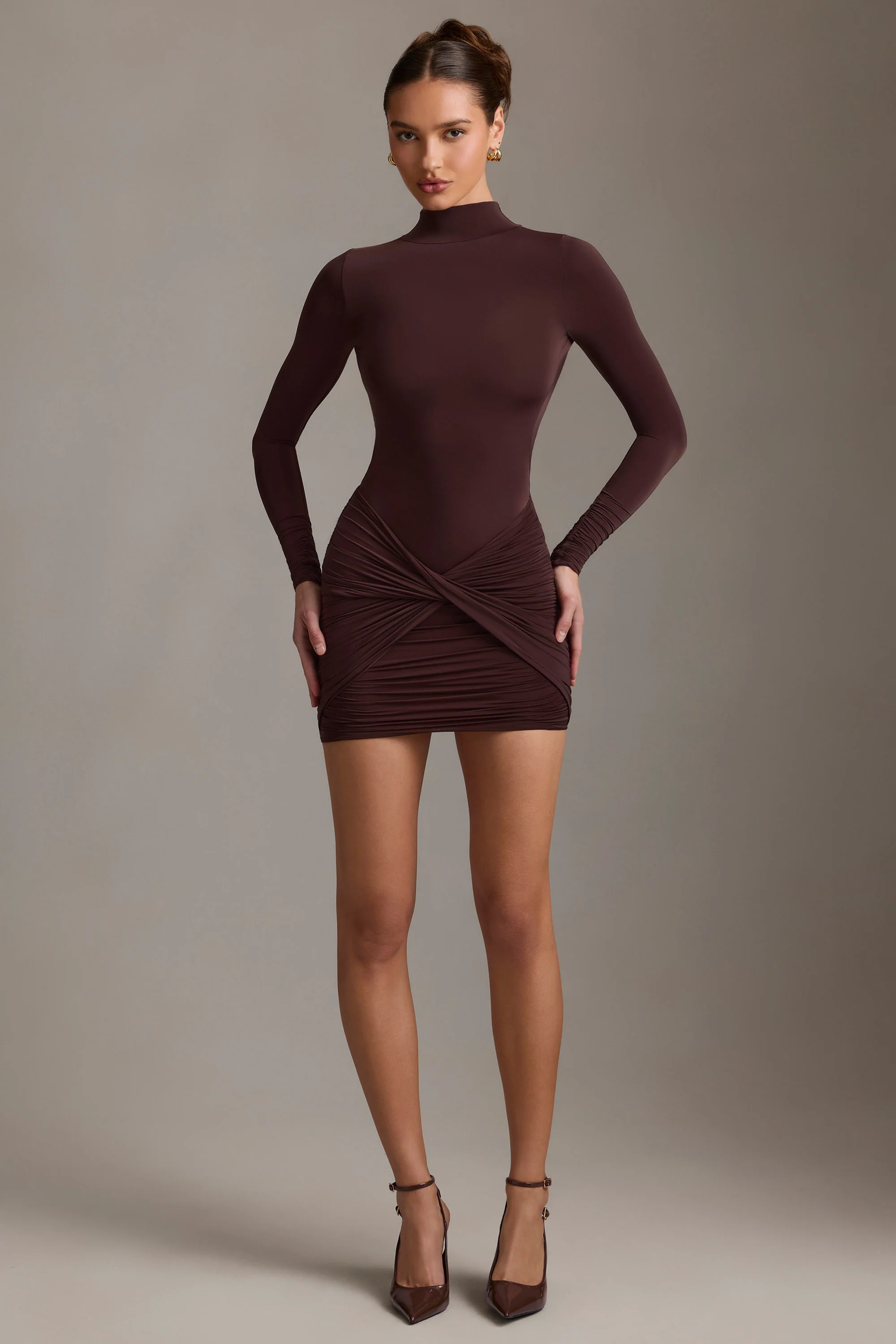Ruched Backless Turtleneck Mini Dress in Chocolate Brown - TREBLEV