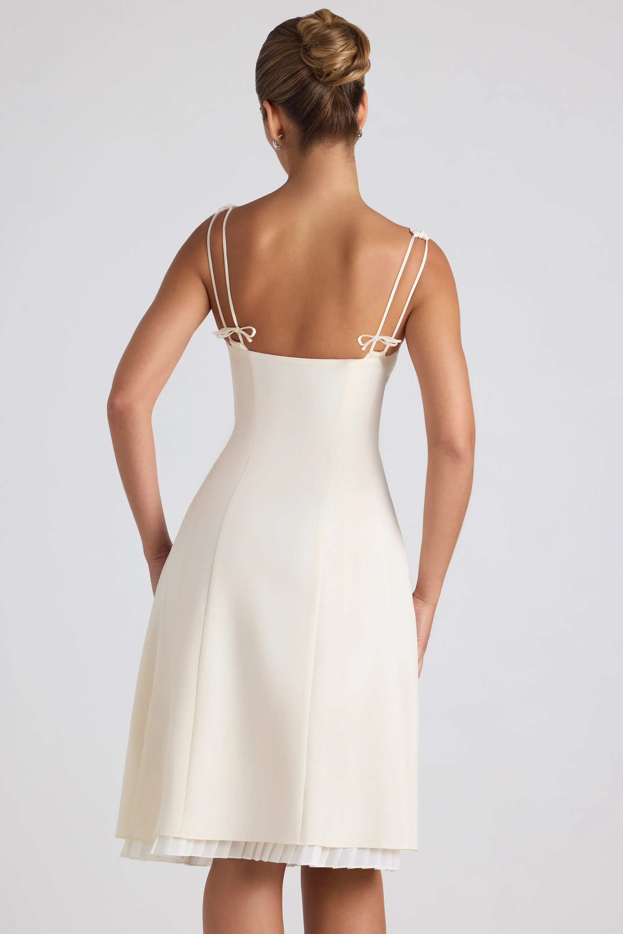 Bow-Detail Pleated A-Line Midi Dress in Ivory - TREBLEV