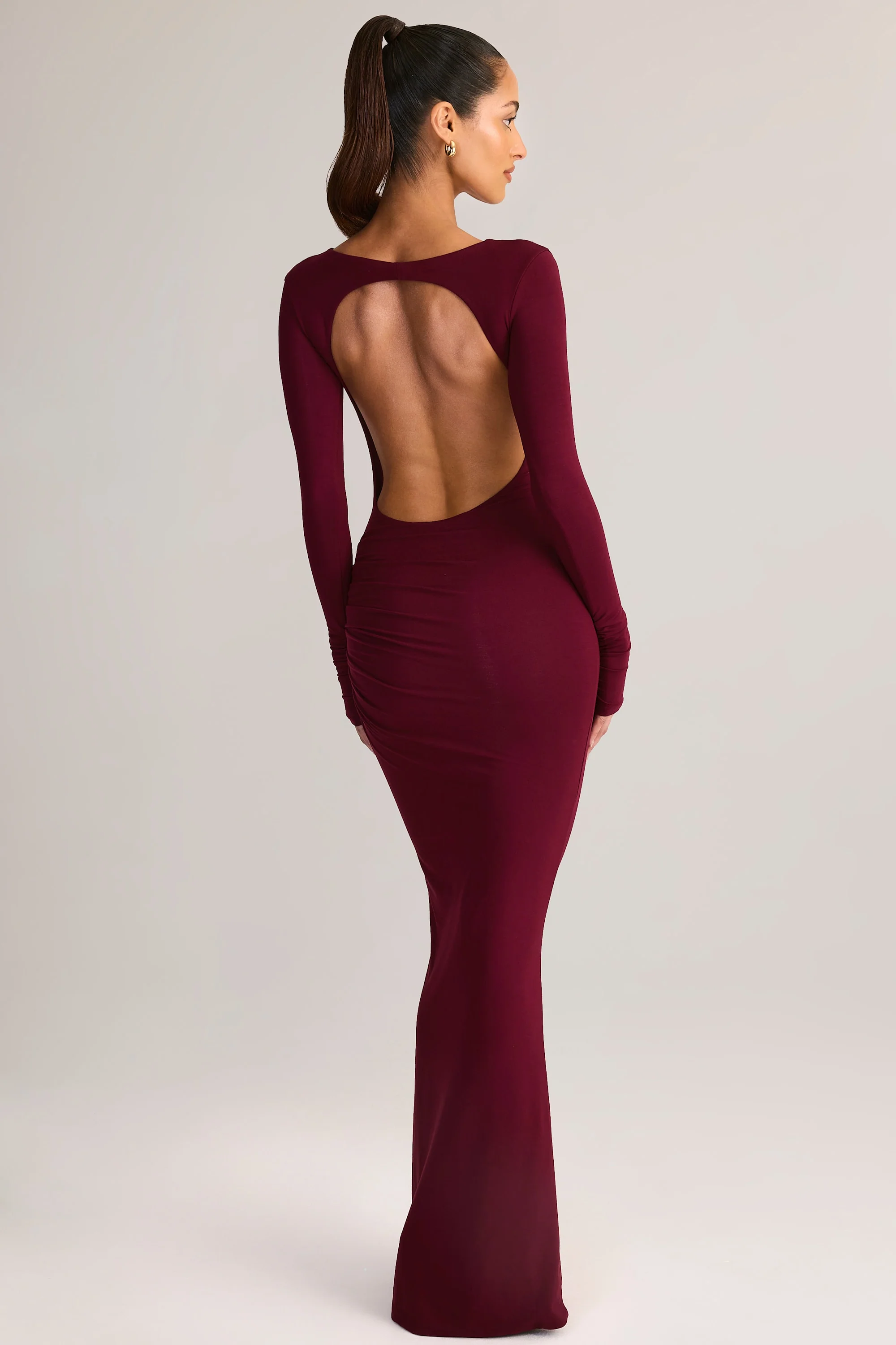 Modal Ruched Backless Maxi Dress in Wine - TREBLEV