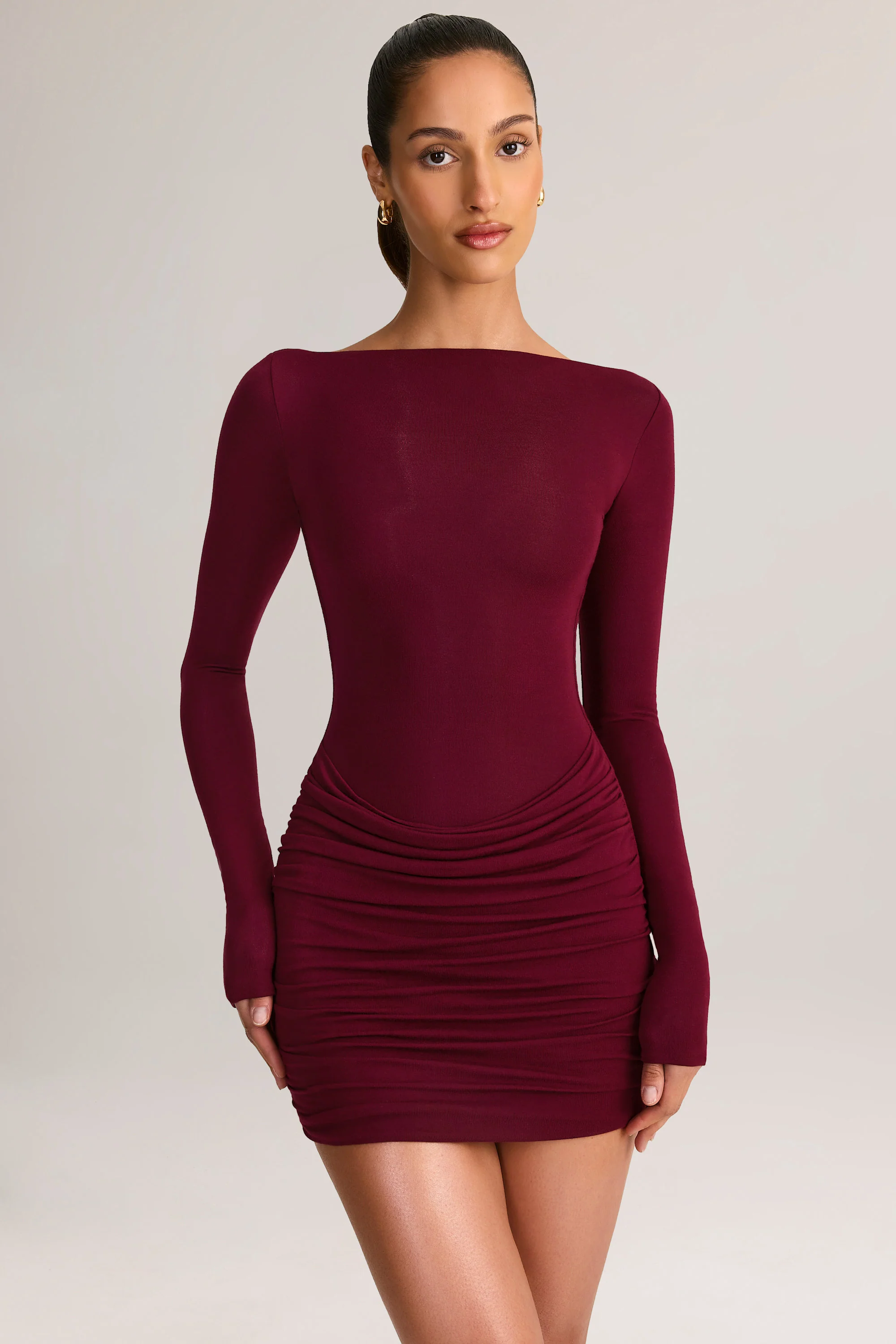 Modal Draped Long-Sleeve Mini Dress in Wine - TREBLEV