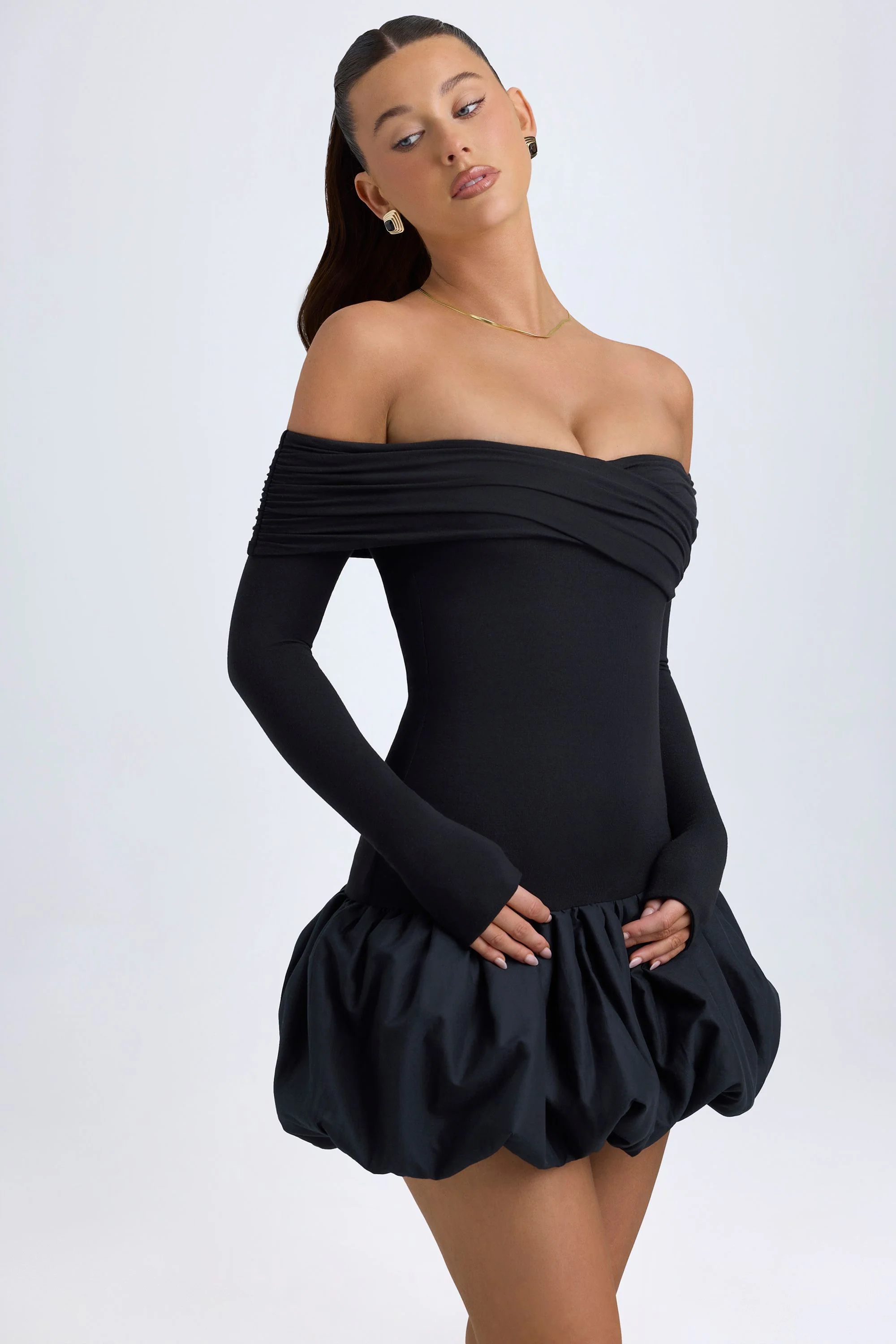 Modal Off-Shoulder Bubble Hem Mini Dress in Black - TREBLEV