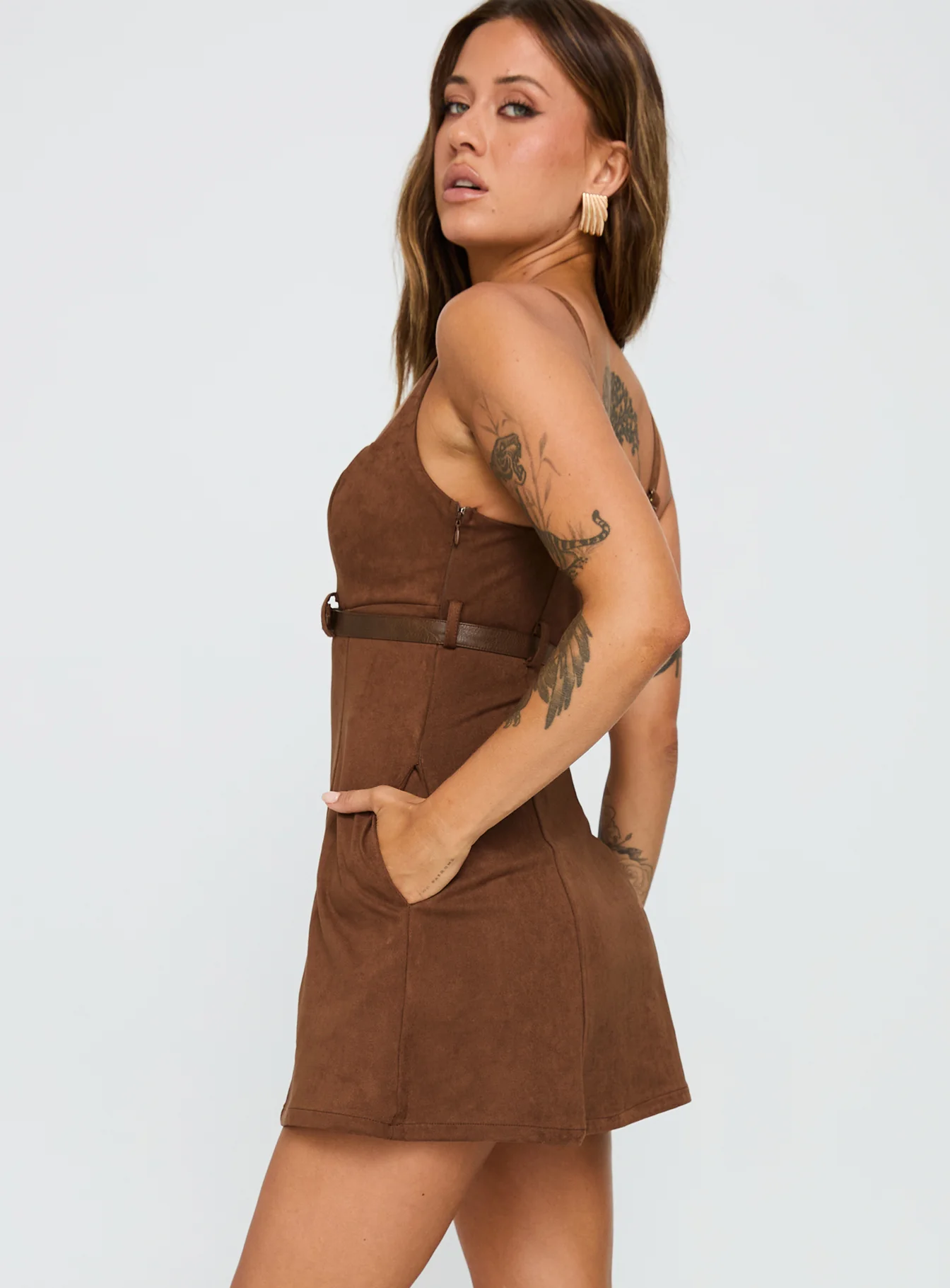 Way Back In Faux Suede Mini Dress Brown - TREBLEV