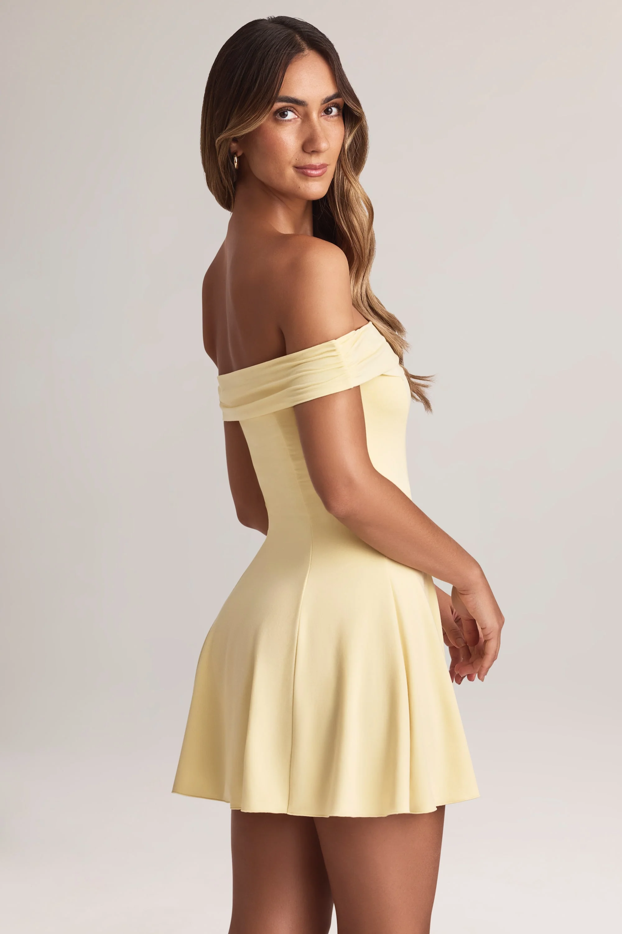 Modal Off-Shoulder A-Line Mini Dress in Lemon Sherbet - TREBLEV