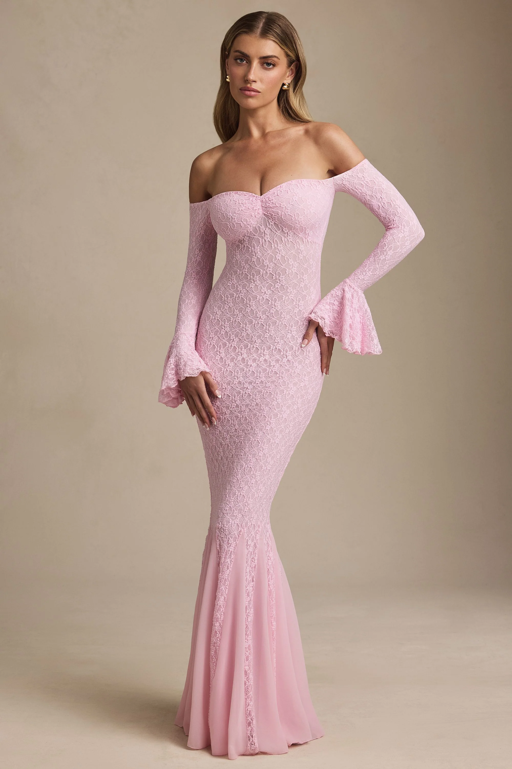 Off-Shoulder Ruffle Lace Maxi Dress in Soft Pink - TREBLEV