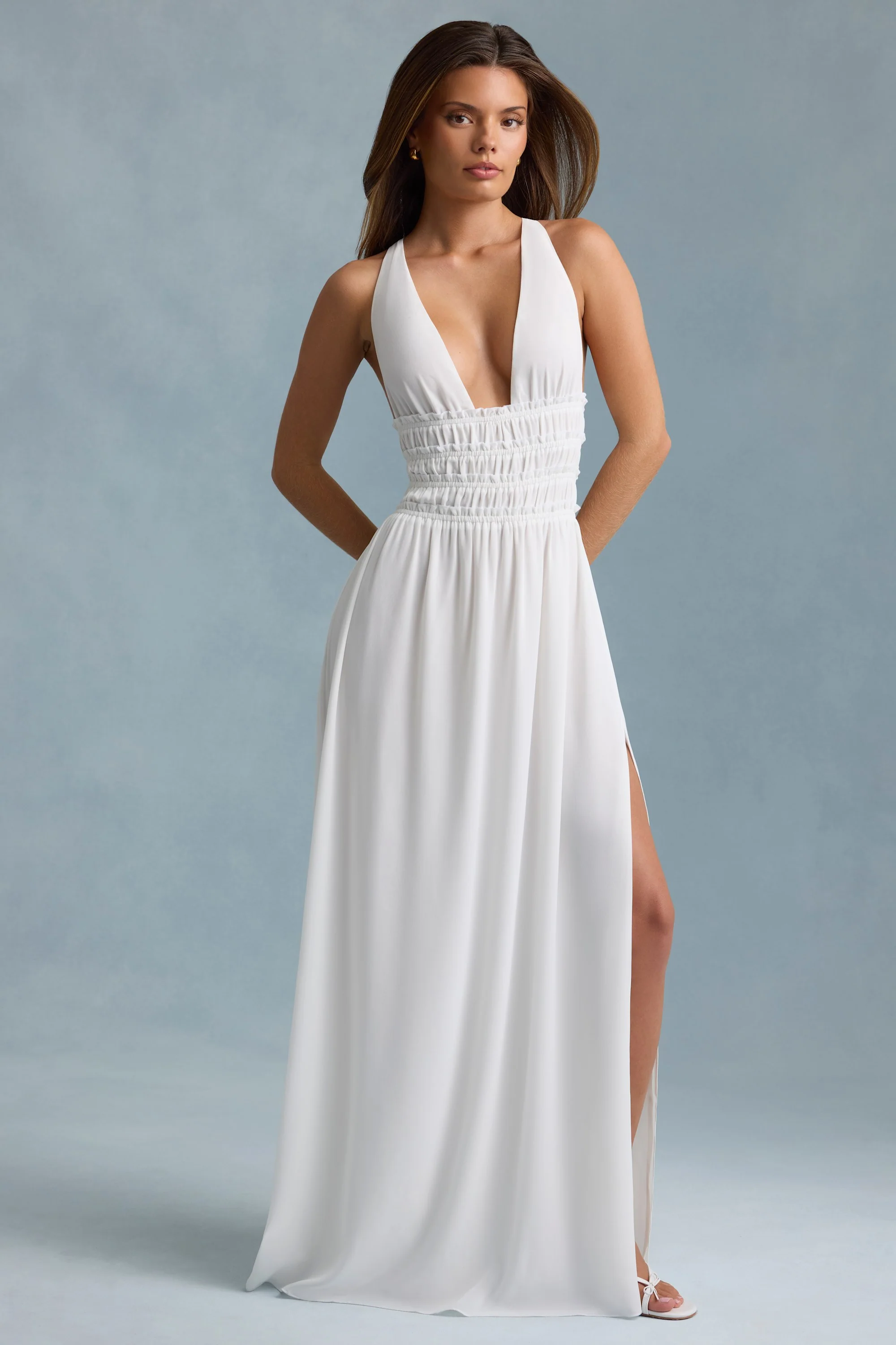 Plunge Cross-Back Maxi Dress in White - TREBLEV