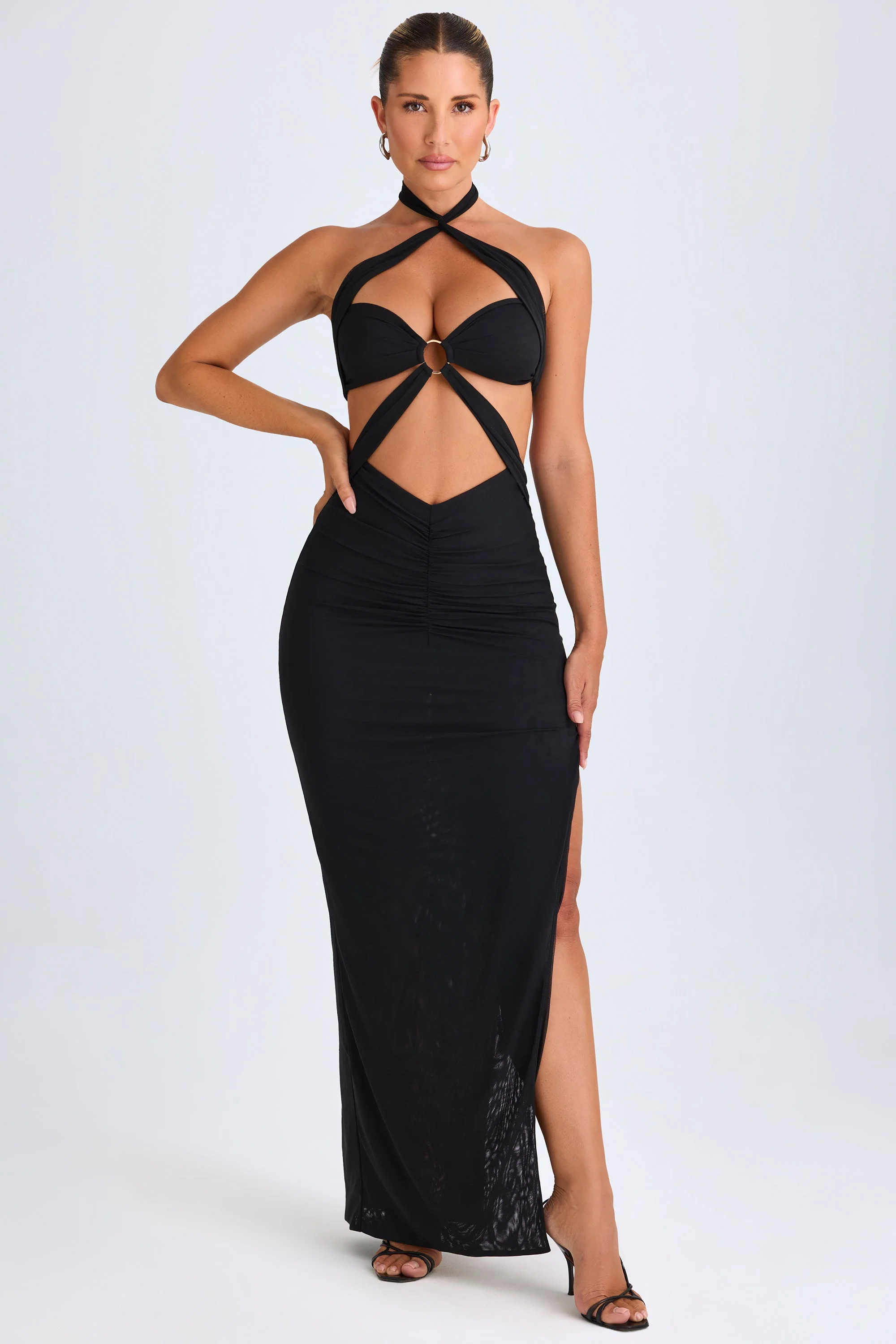 Hardware Detail Cut-Out Halterneck Maxi Dress in Black - TREBLEV