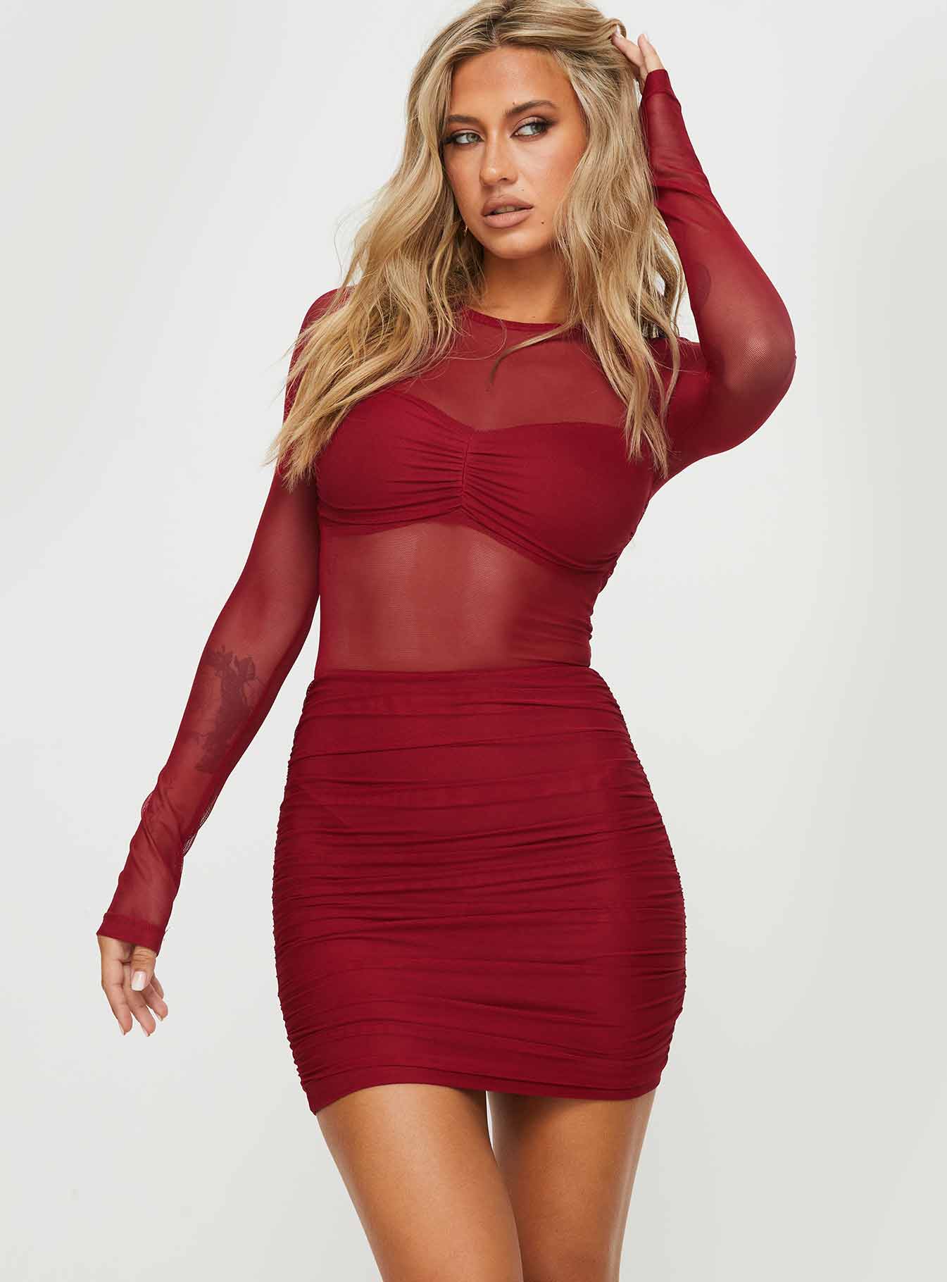 Hapstall Long Sleeve Mini Dress Burgundy - TREBLEV