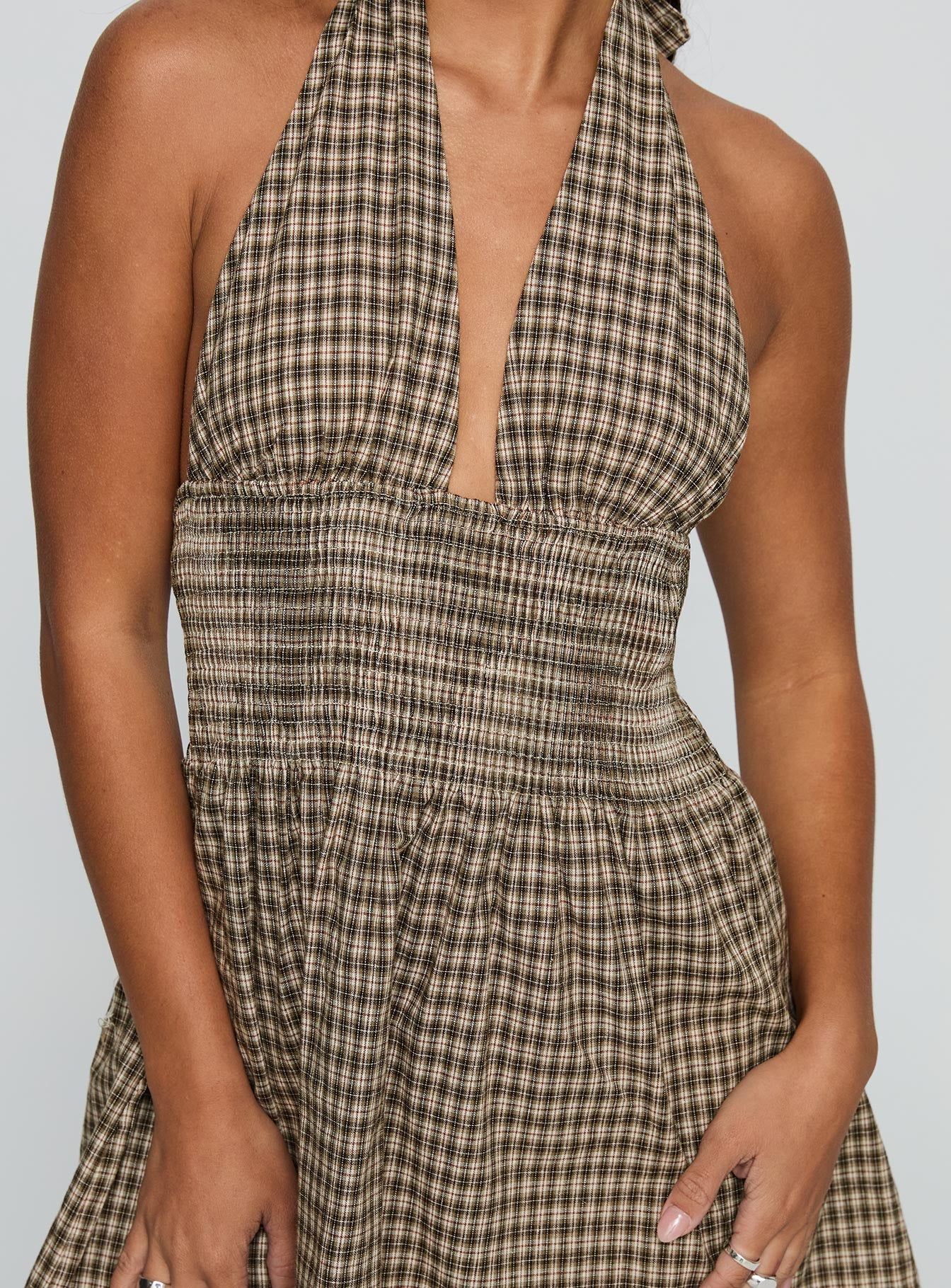 Juanette Halter Mini Dress Brown Check - TREBLEV