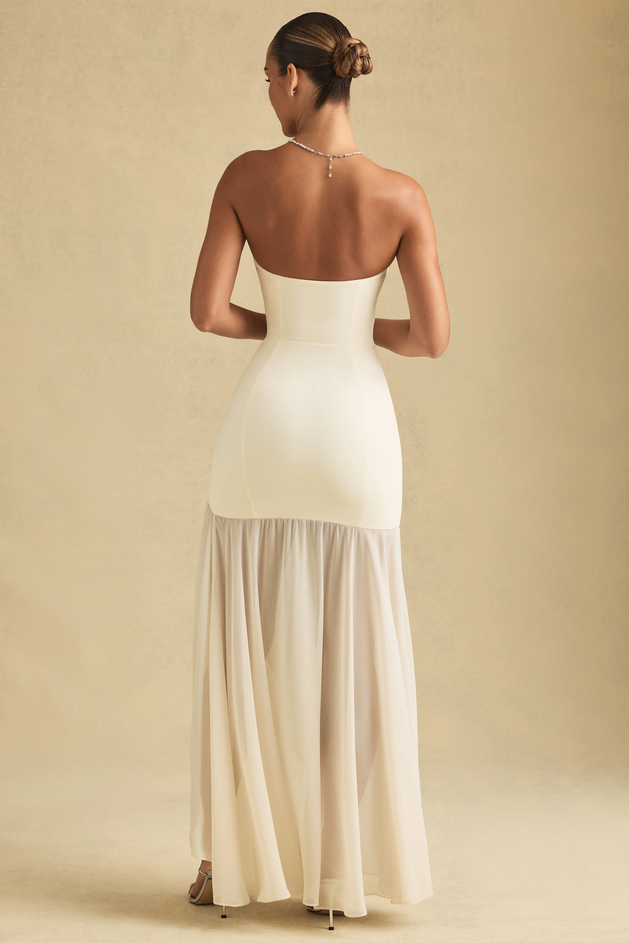 Asymmetric Strapless Fishtail Maxi Dress in Ivory - TREBLEV