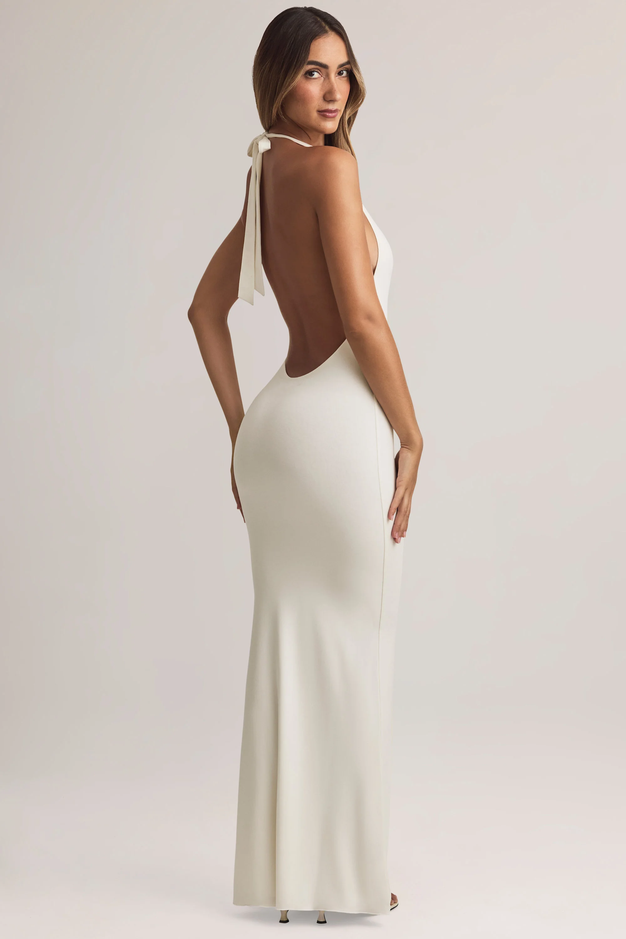 Modal Halterneck Maxi Dress in White - TREBLEV