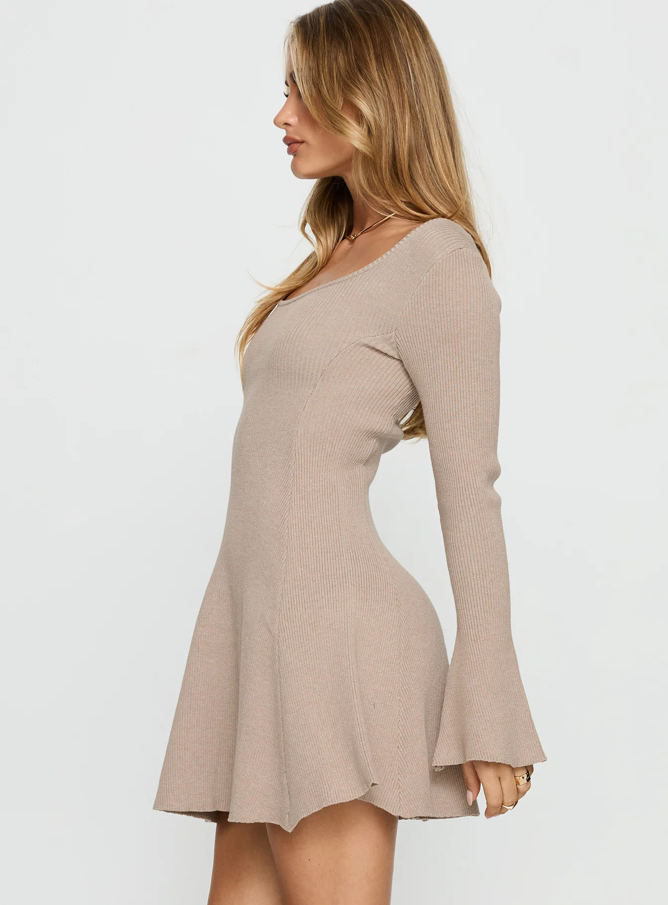 Mariel Long Sleeve Knit Mini Dress Beige - TREBLEV