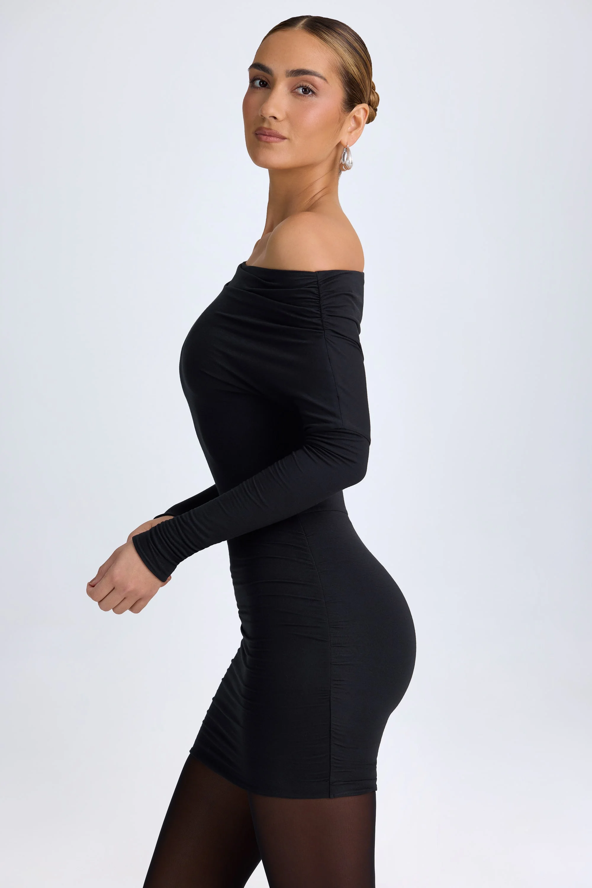 Modal Off-Shoulder Ruched Mini Dress in Black - TREBLEV