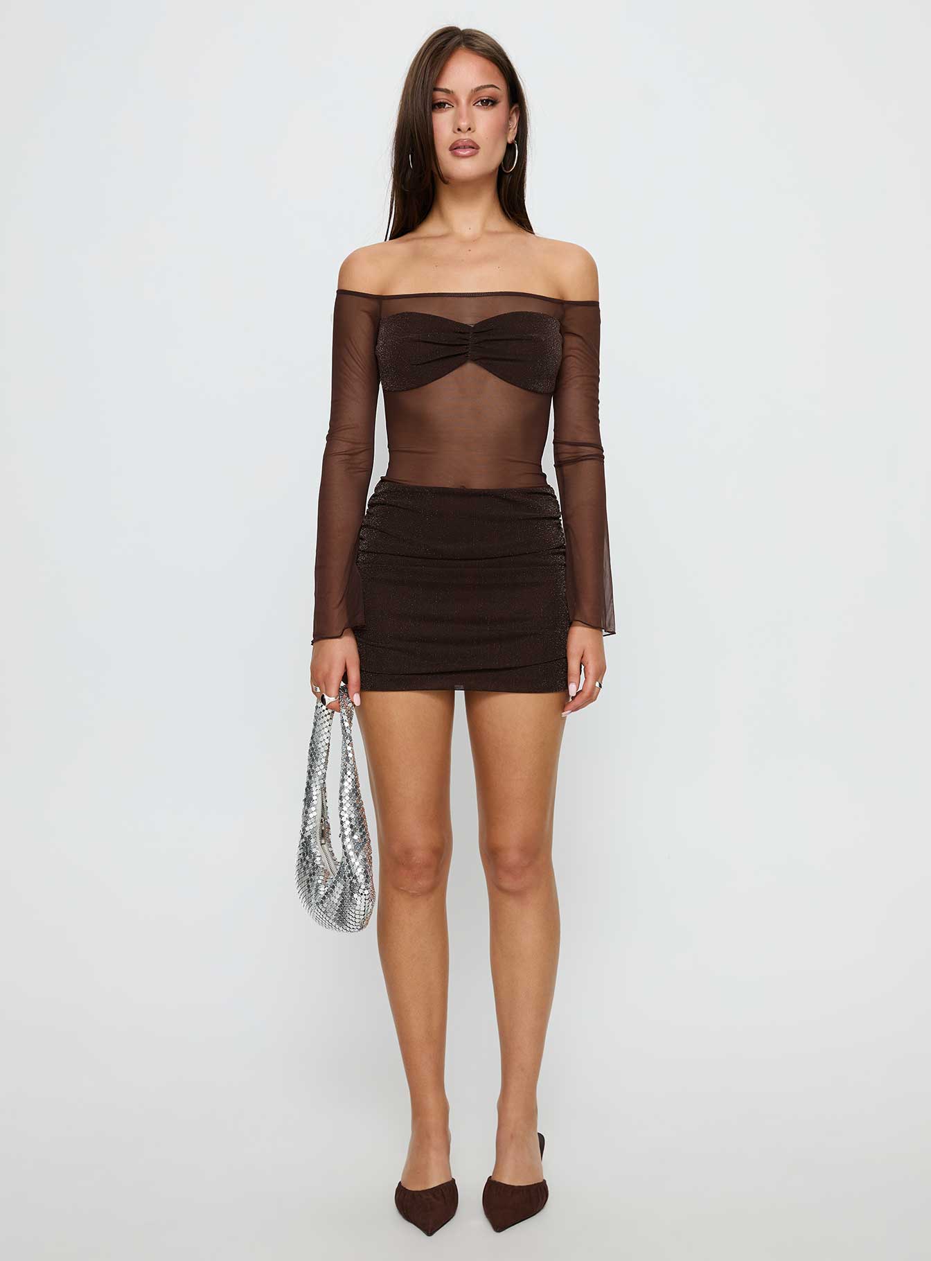 Briseida Mesh Long Sleeve Mini Dress Chocolate - TREBLEV