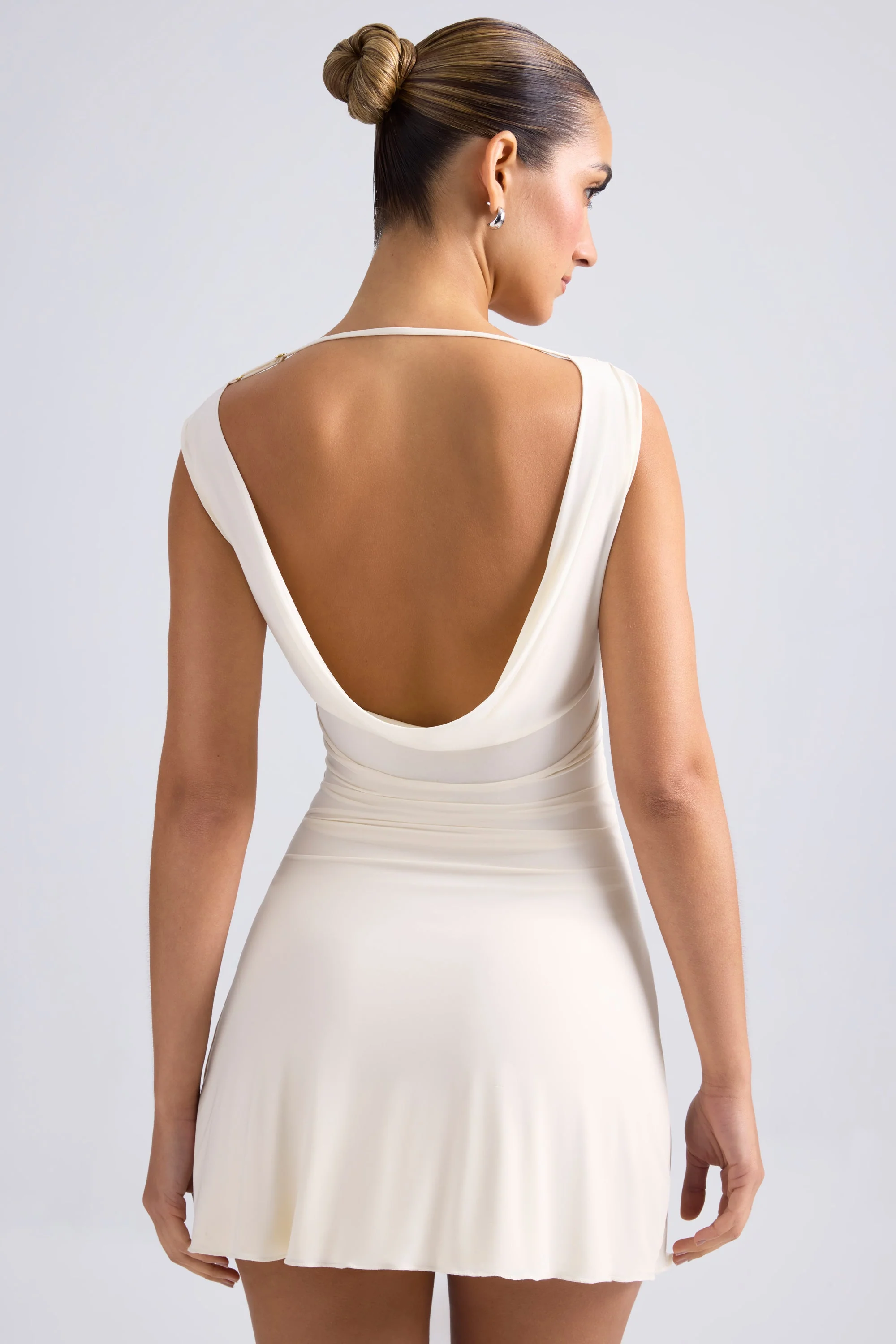 Off-Shoulder Cowl-Back A-Line Mini Dress in Ivory - TREBLEV