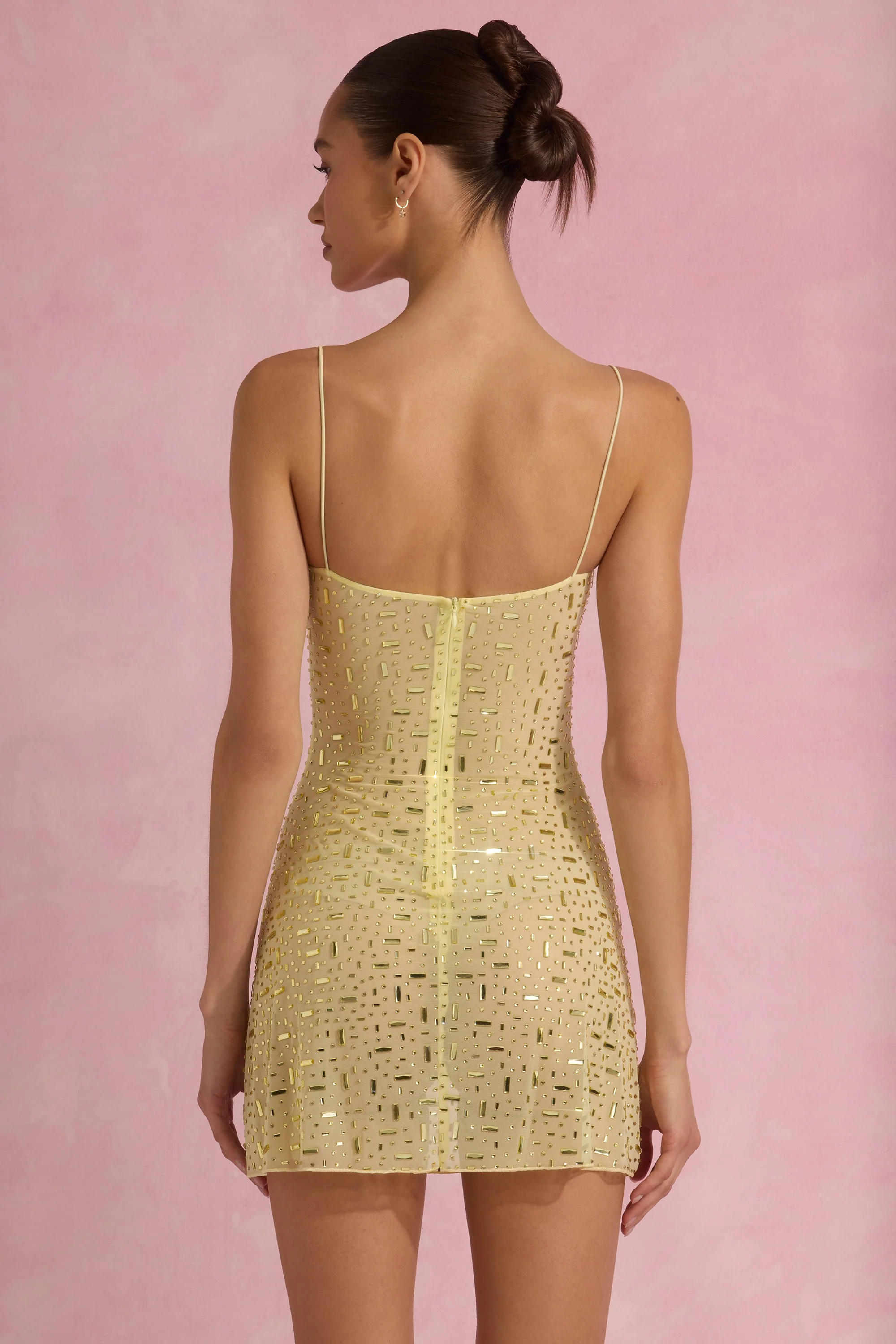 Sheer Embellished Square-Neck Mini Dress in Yellow - TREBLEV