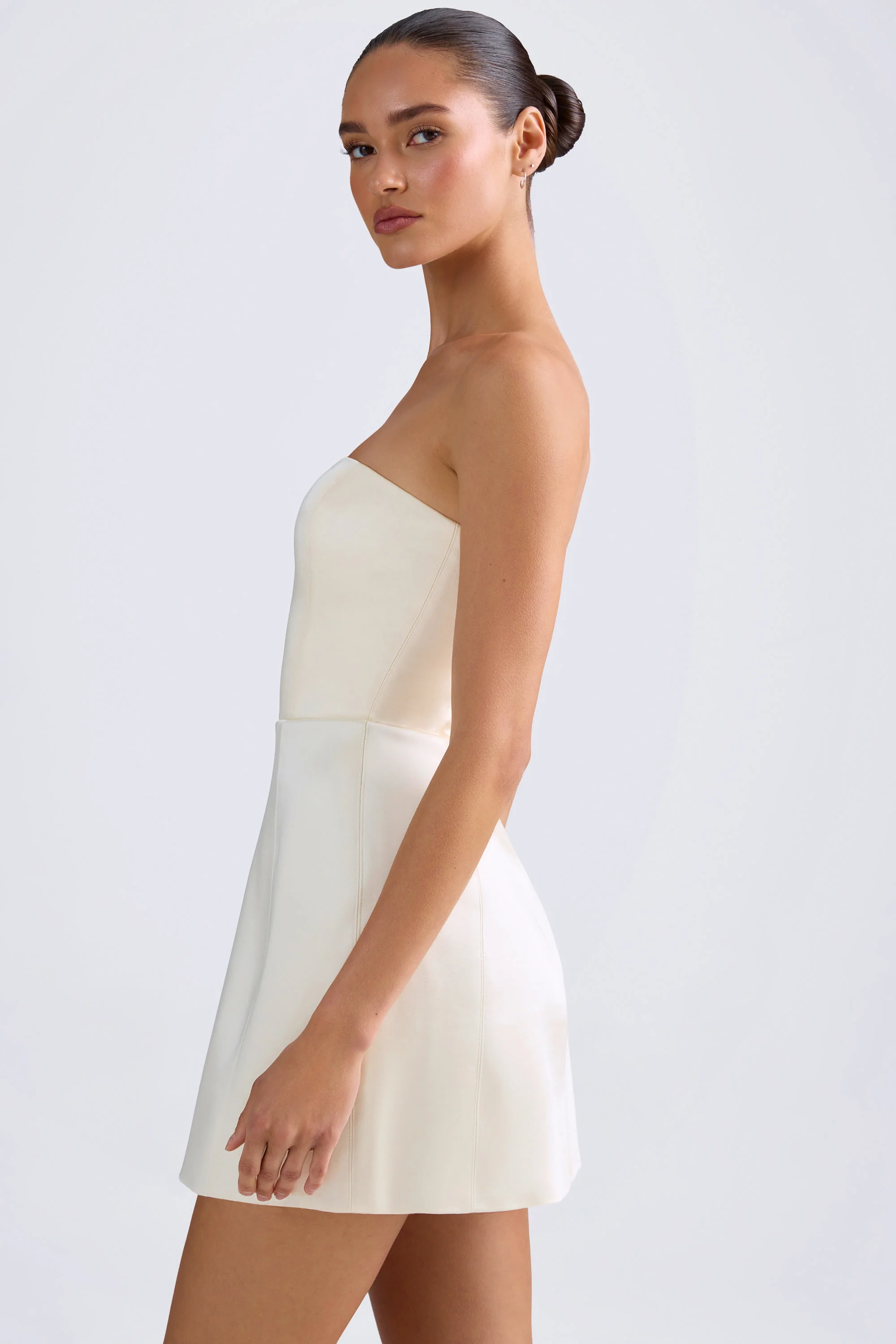 Bandeau Structured Tulip Mini Dress in Ivory - TREBLEV