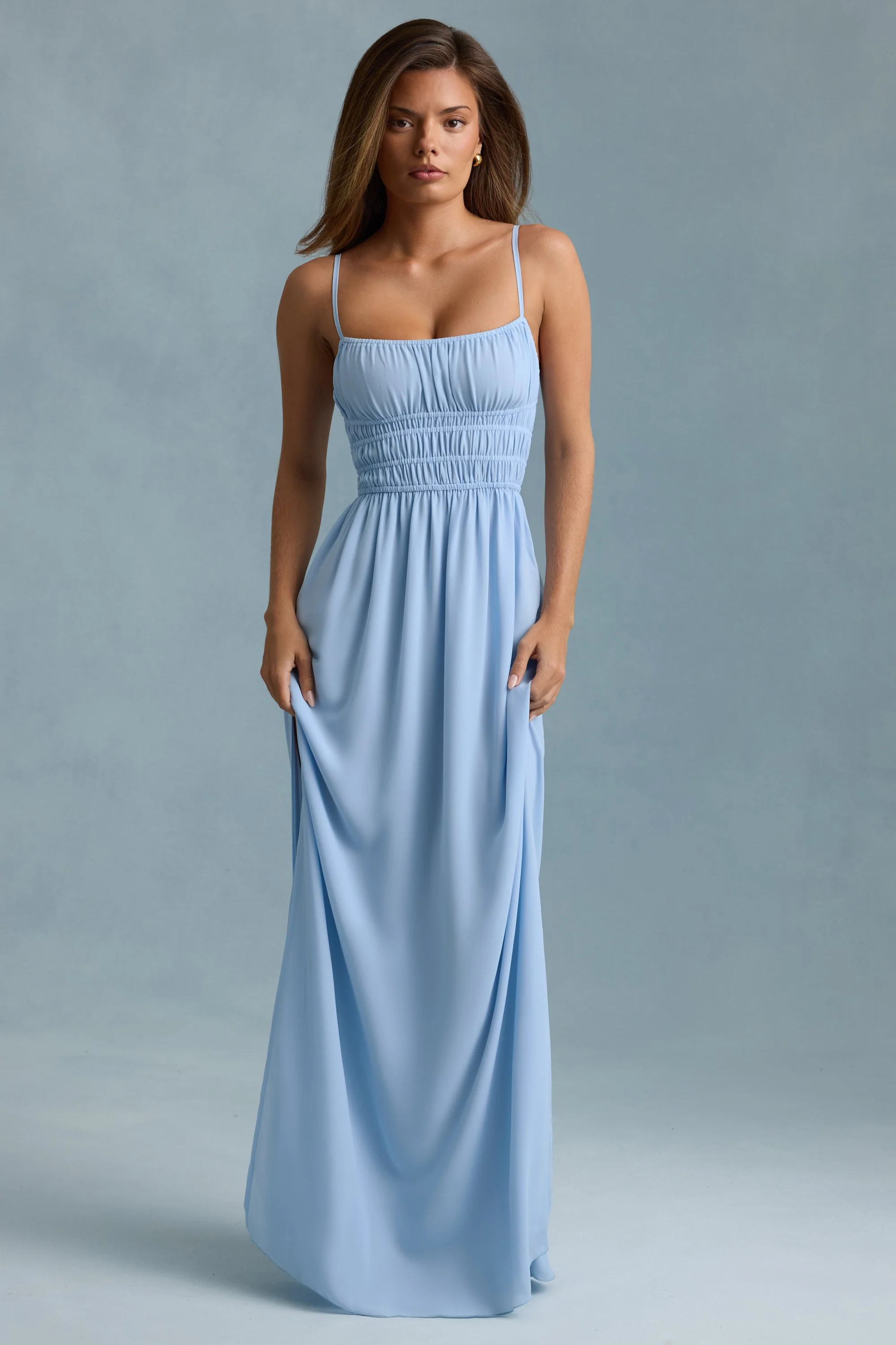 Shirred Camisole Maxi Dress in Sky Blue - TREBLEV