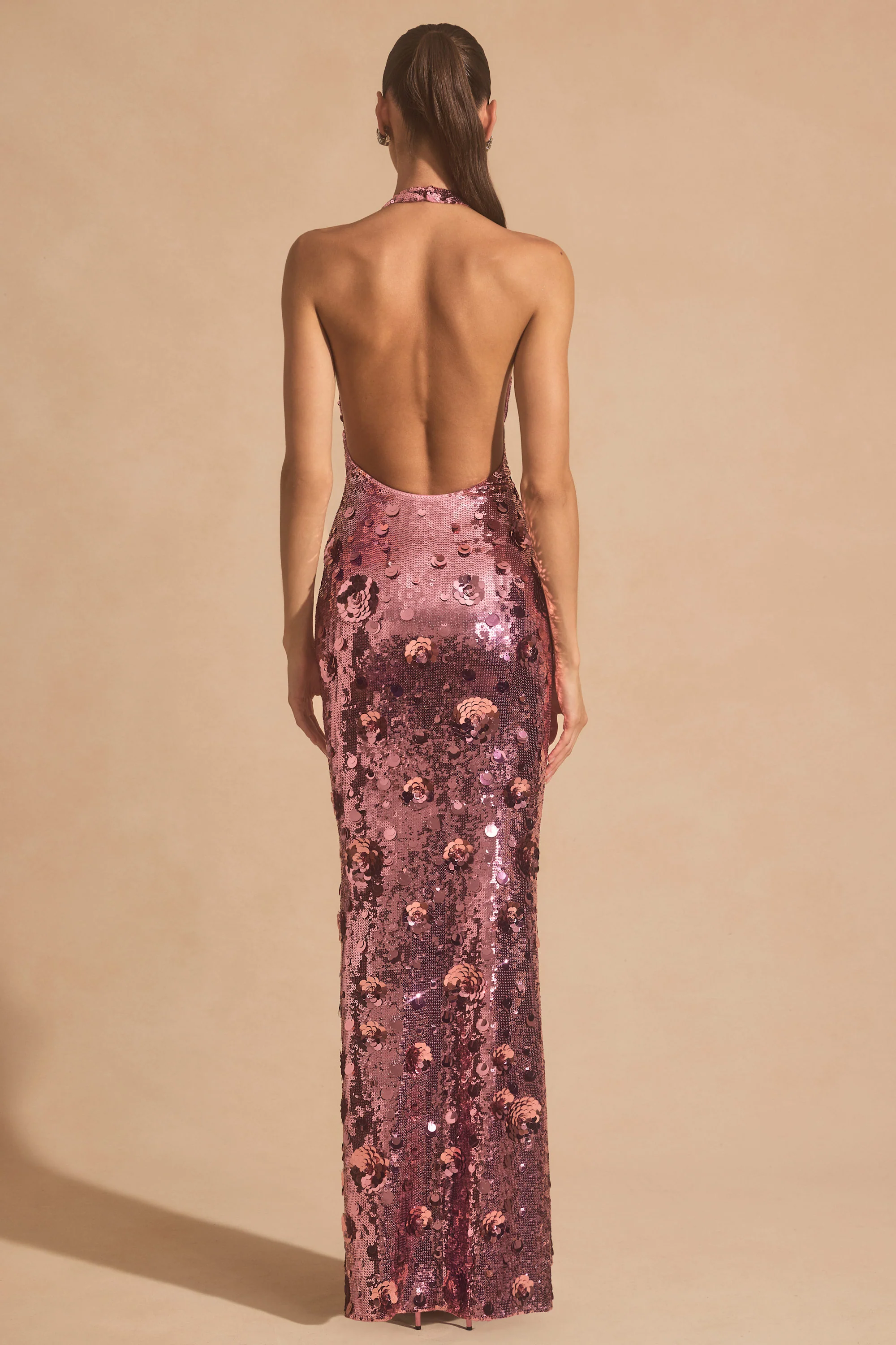 Sequin-Embellished Halterneck Maxi Dress in Pink - TREBLEV