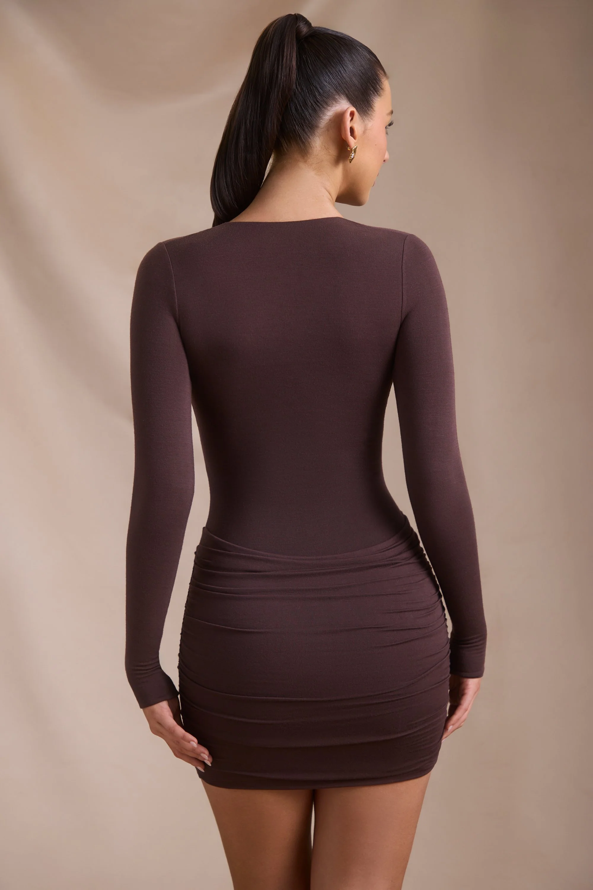 Modal-Cashmere Blend Draped Long-Sleeve Mini Dress in Espresso - TREBLEV