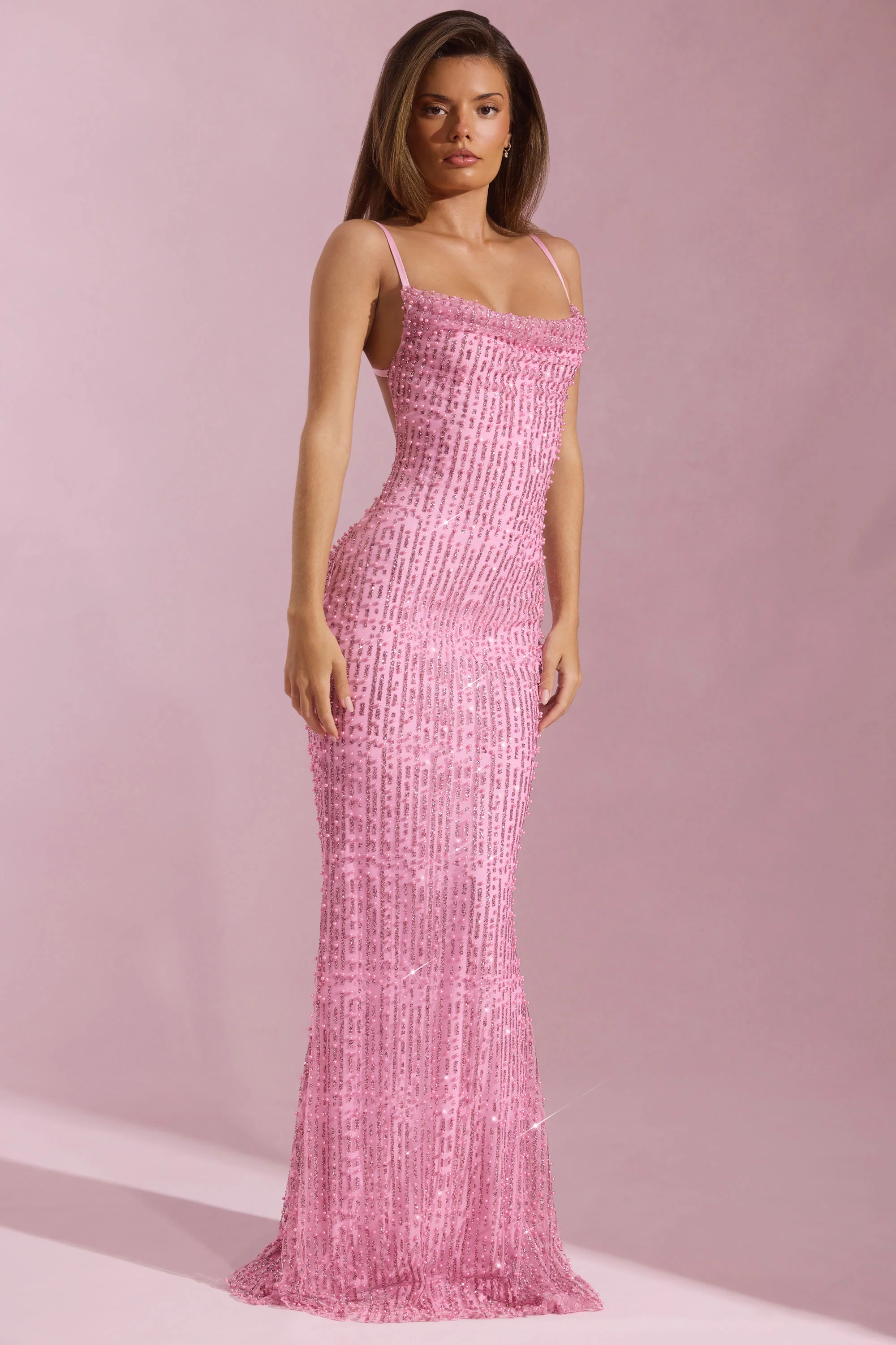 Embellished Cowl-Neck Backless Maxi Dress in Pink - TREBLEV