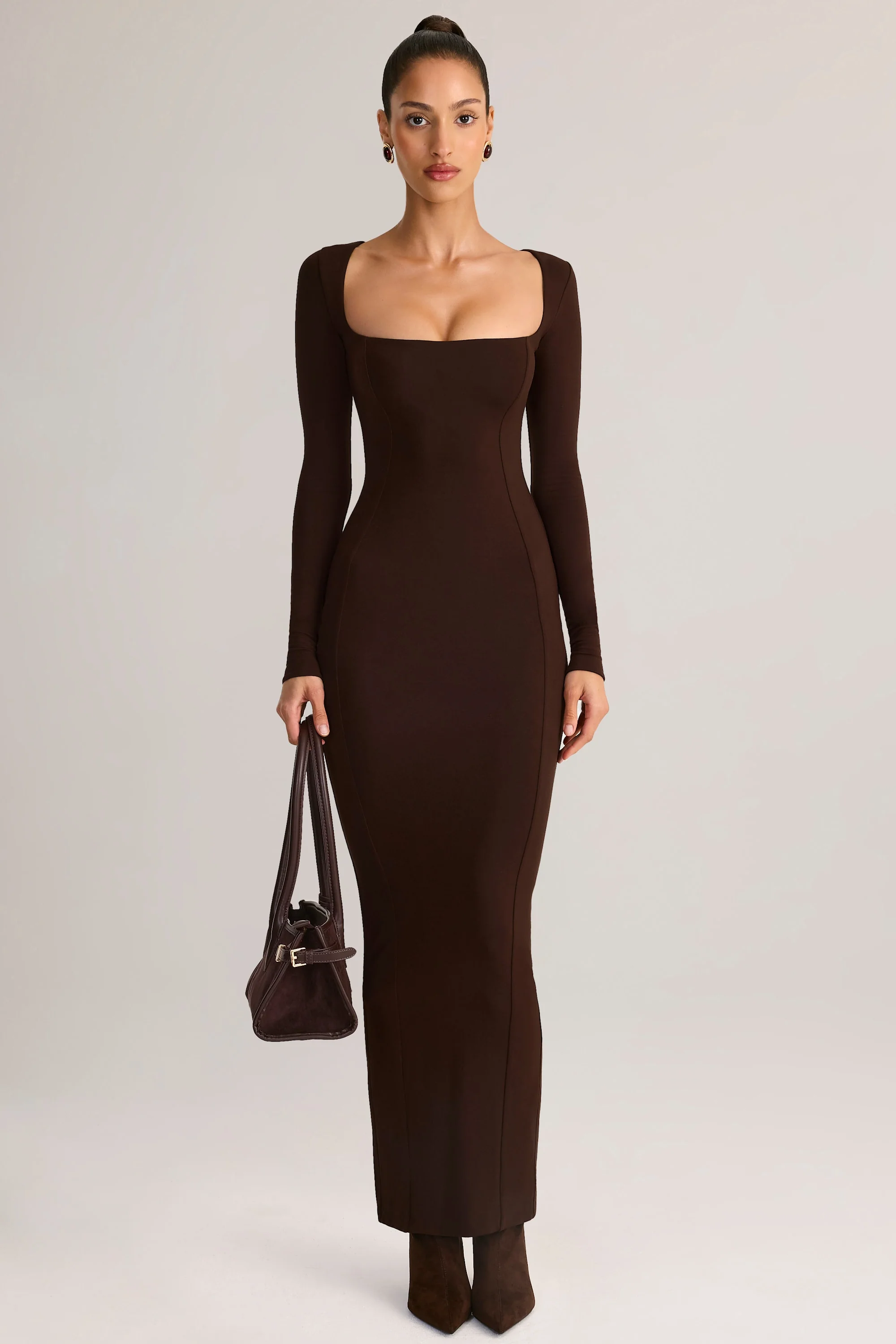 Modal Square-Neck Maxi Dress in Chocolate Brown - TREBLEV