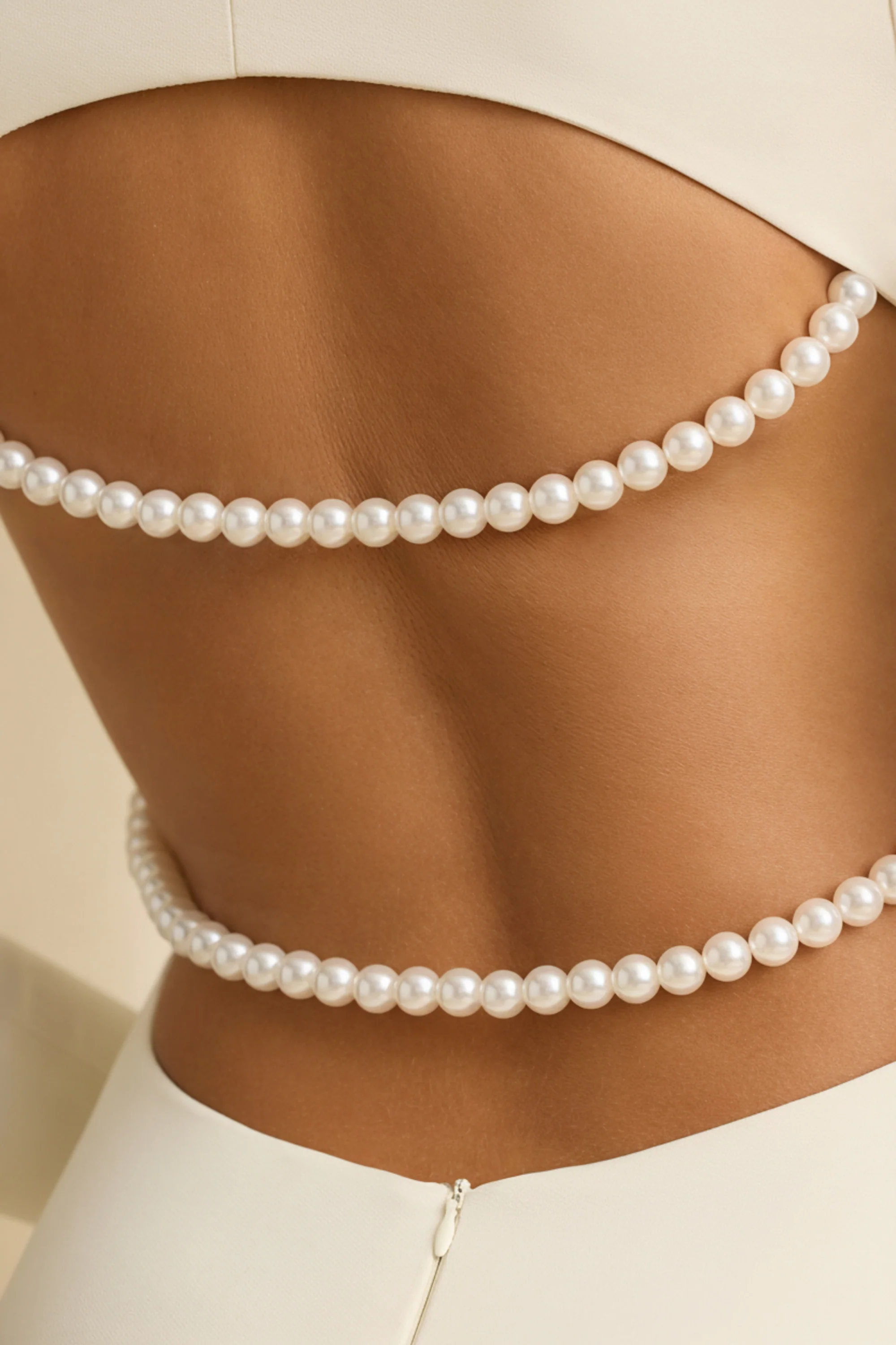 Pearl-Detail Cut-Out Mini Dress in Ivory - TREBLEV