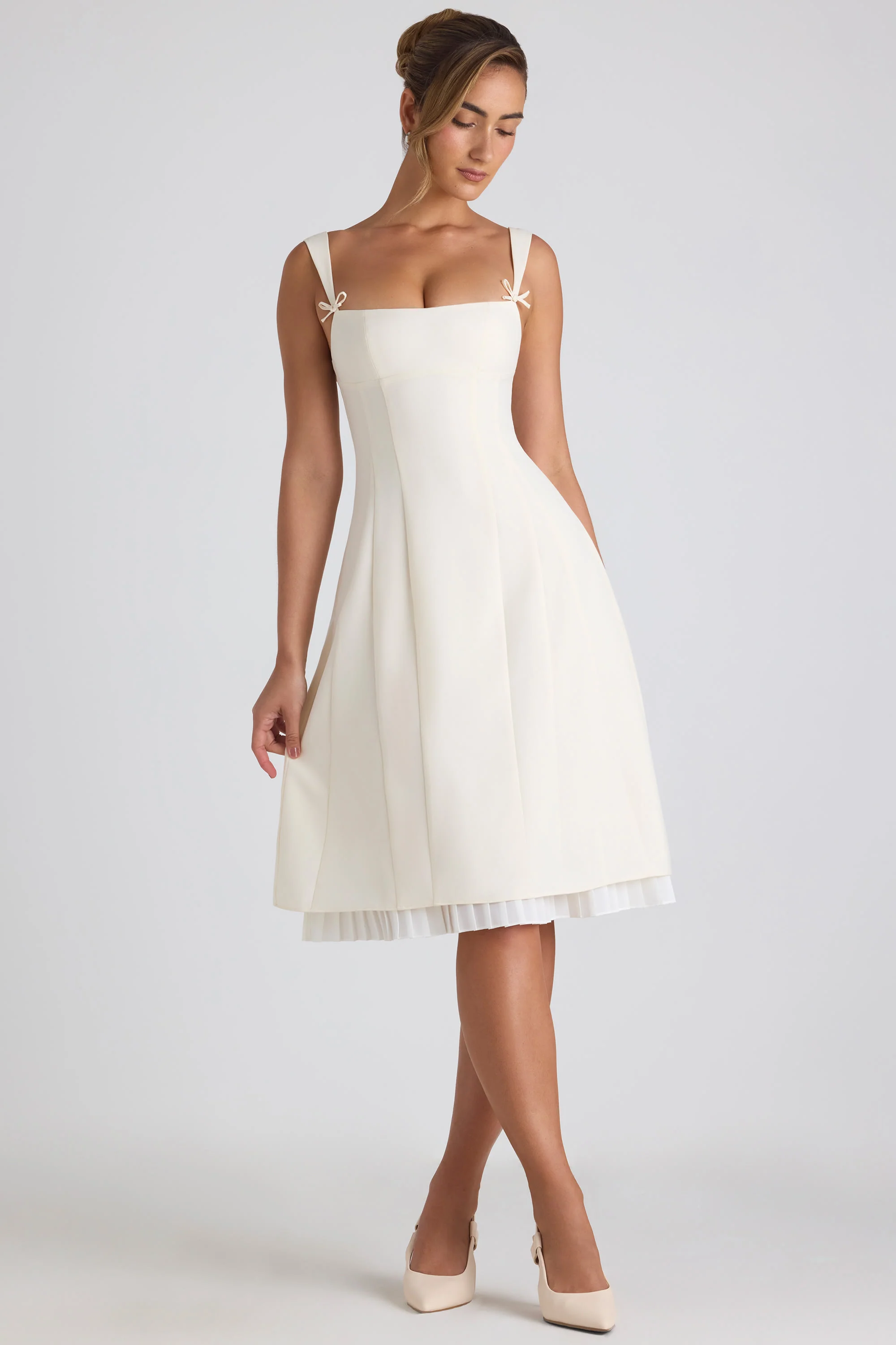 Bow-Detail Pleated A-Line Midi Dress in Ivory - TREBLEV