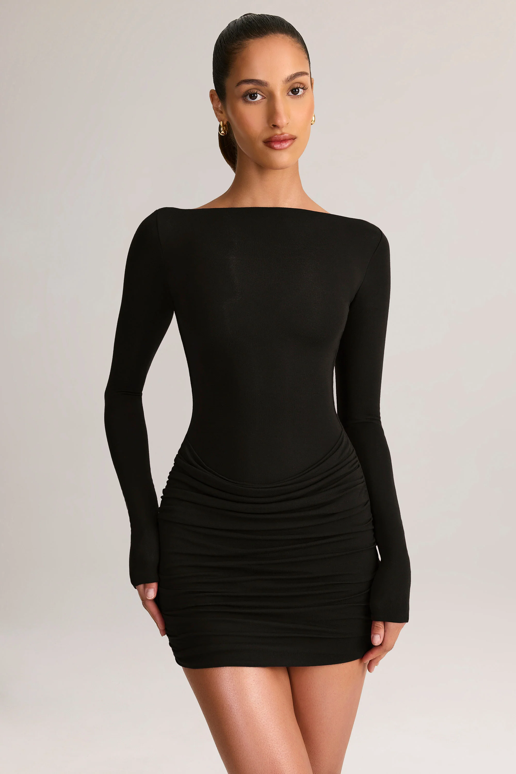Modal Draped Long-Sleeve Mini Dress in Black - TREBLEV