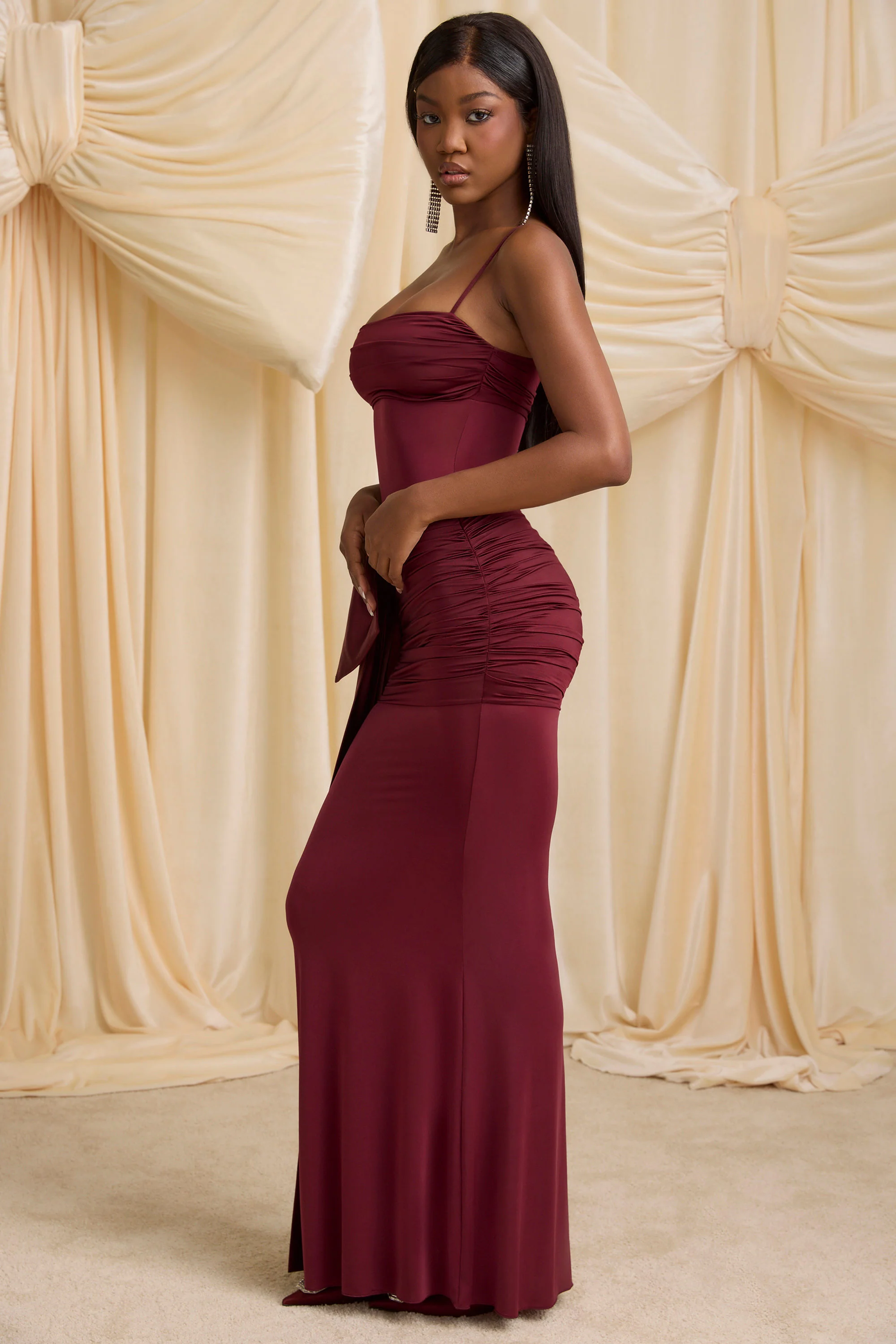 Bow-Detail Ruched Maxi Dress in Wine Red - TREBLEV