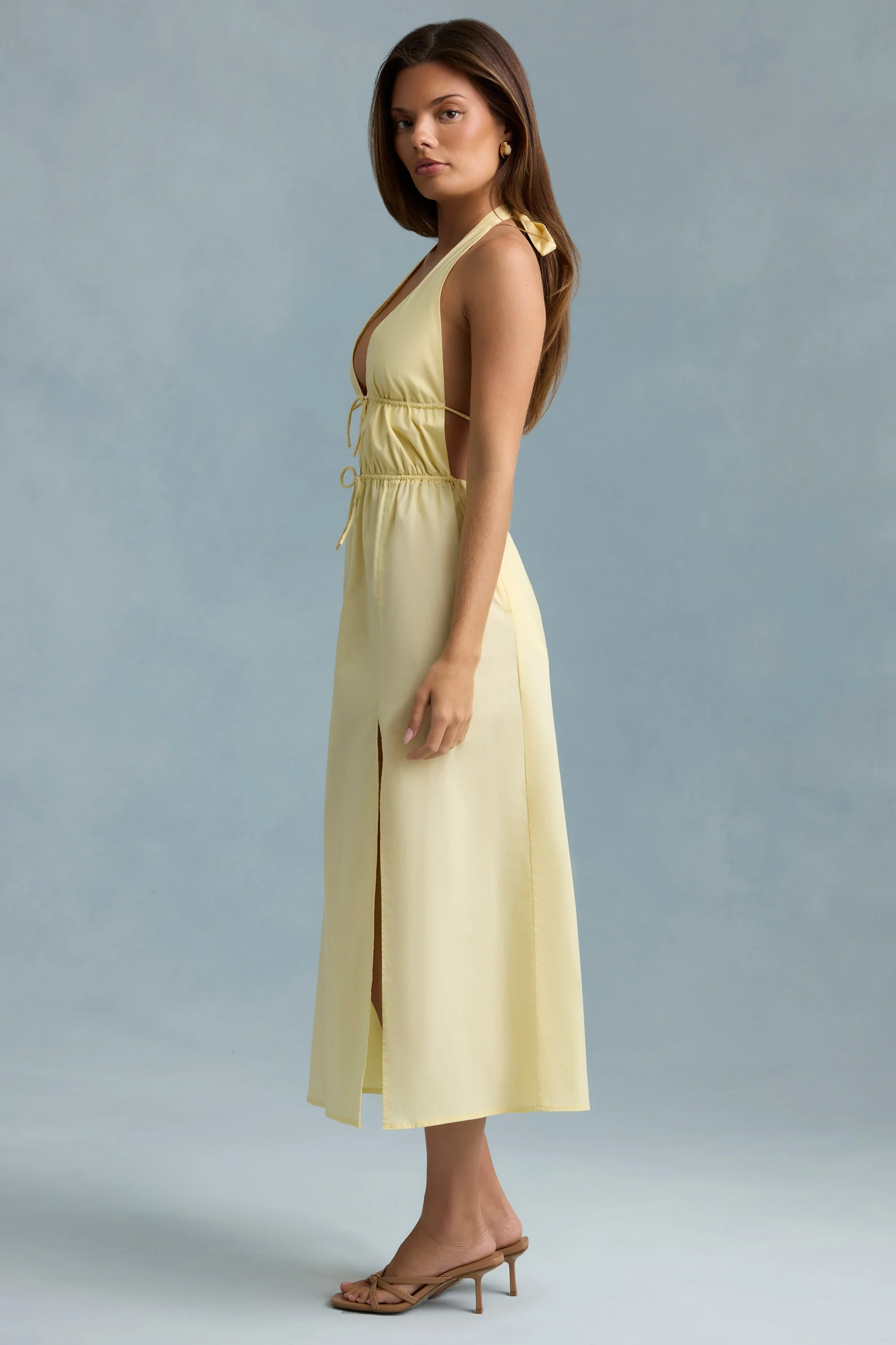 Backless Cotton-Poplin Midaxi Dress in Lemon Yellow - TREBLEV