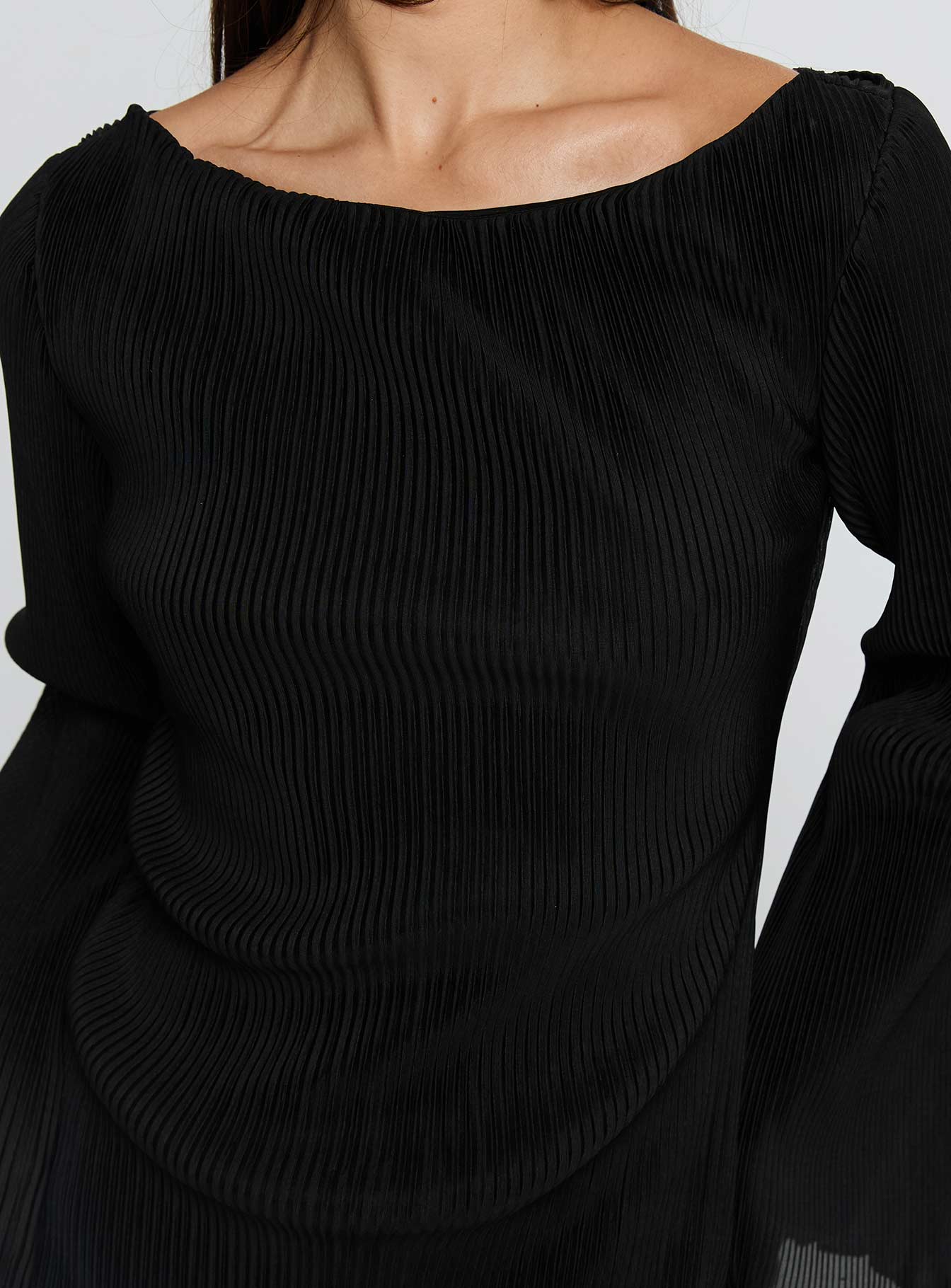 Lukea Long Sleeve Plisse Mini Dress Black - TREBLEV