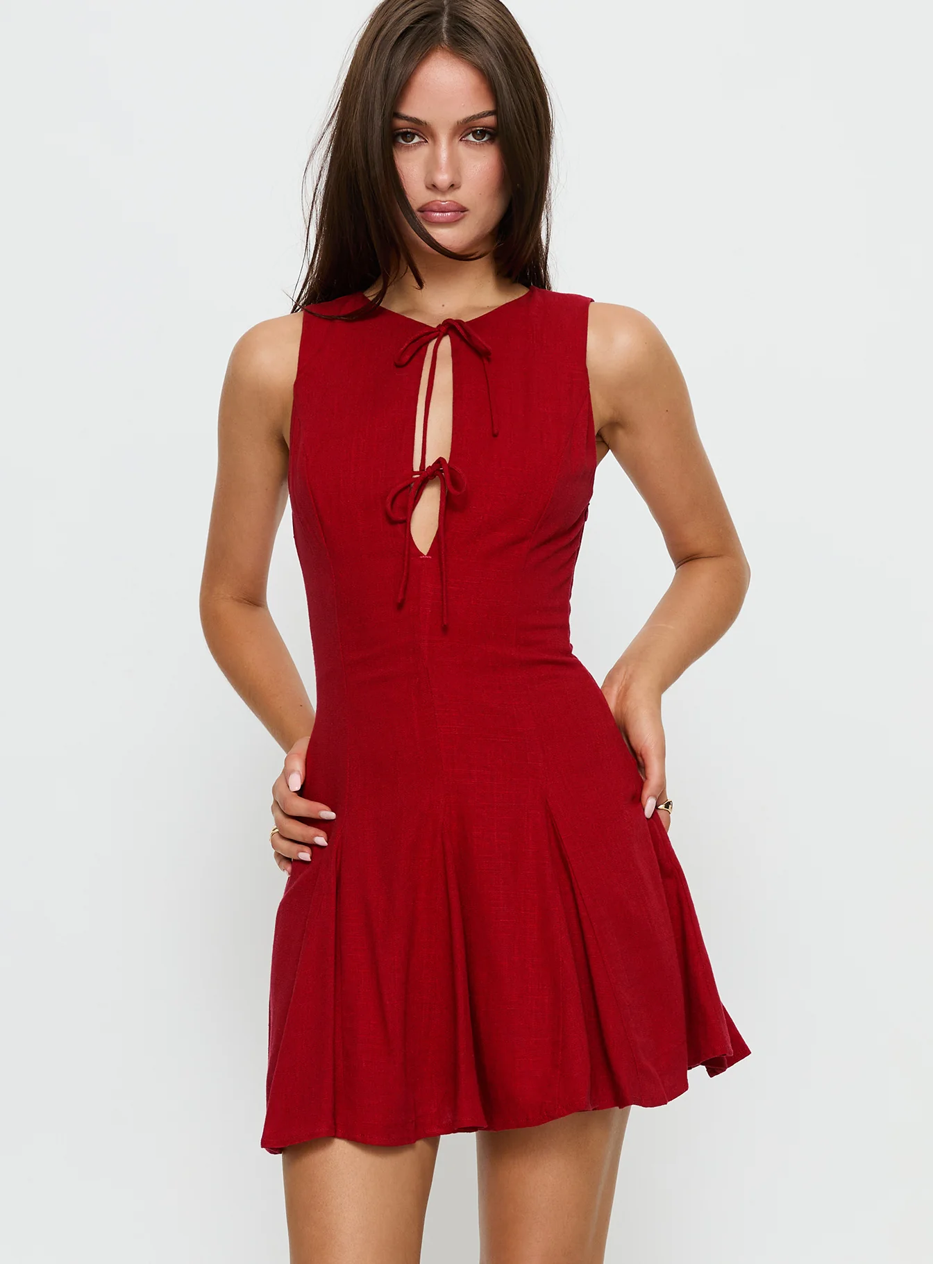 Aeryn Tie Front Mini Dress Red - TREBLEV