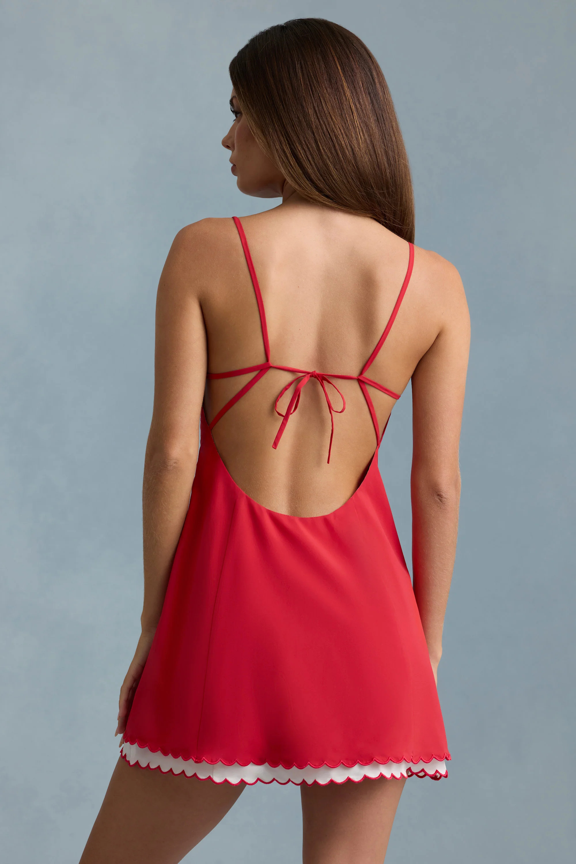 Scalloped Backless A-Line Mini Dress in Scarlet Red - TREBLEV