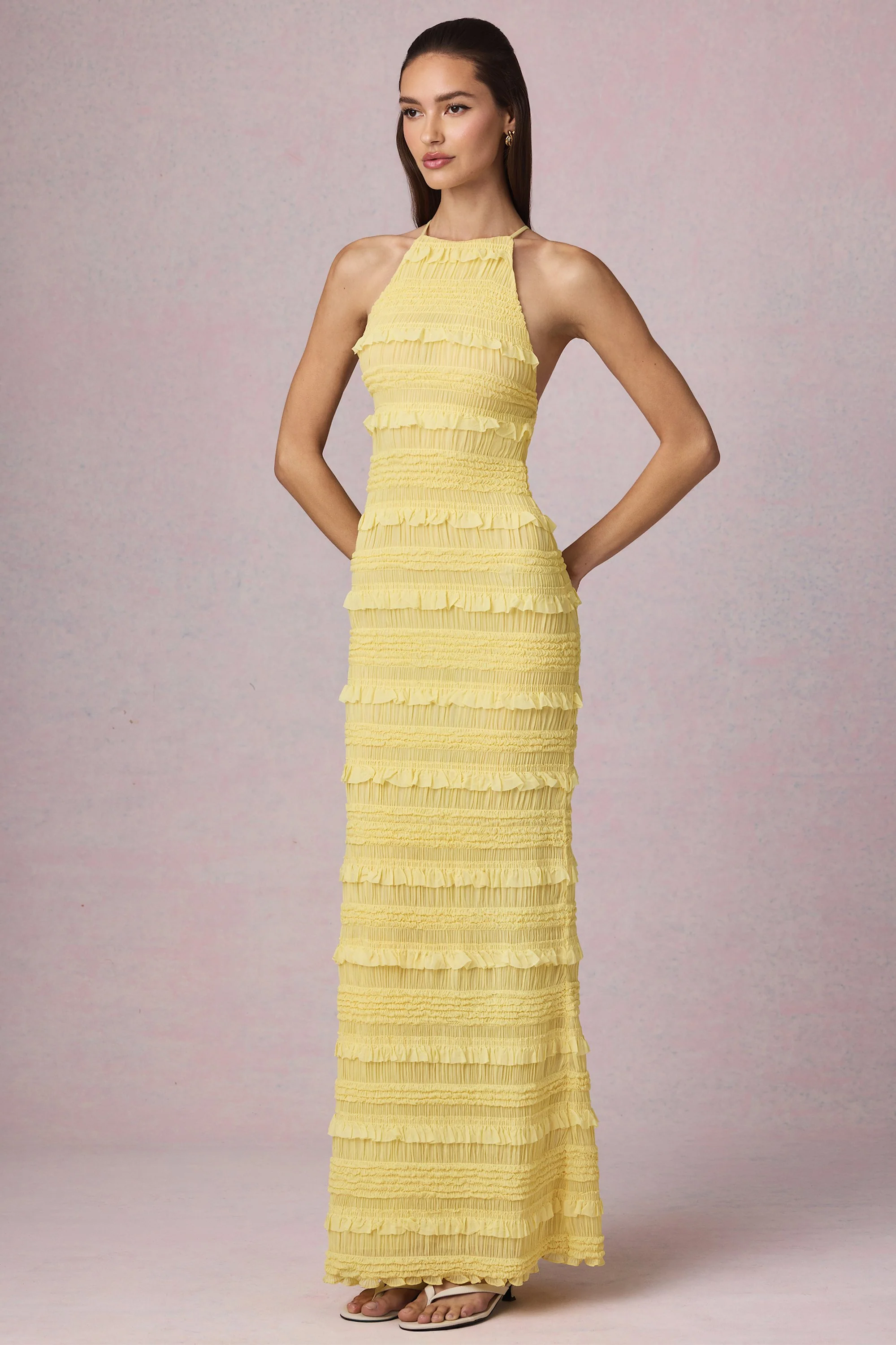 Ruffled Backless Halterneck Maxi Dress in Lemon Yellow - TREBLEV