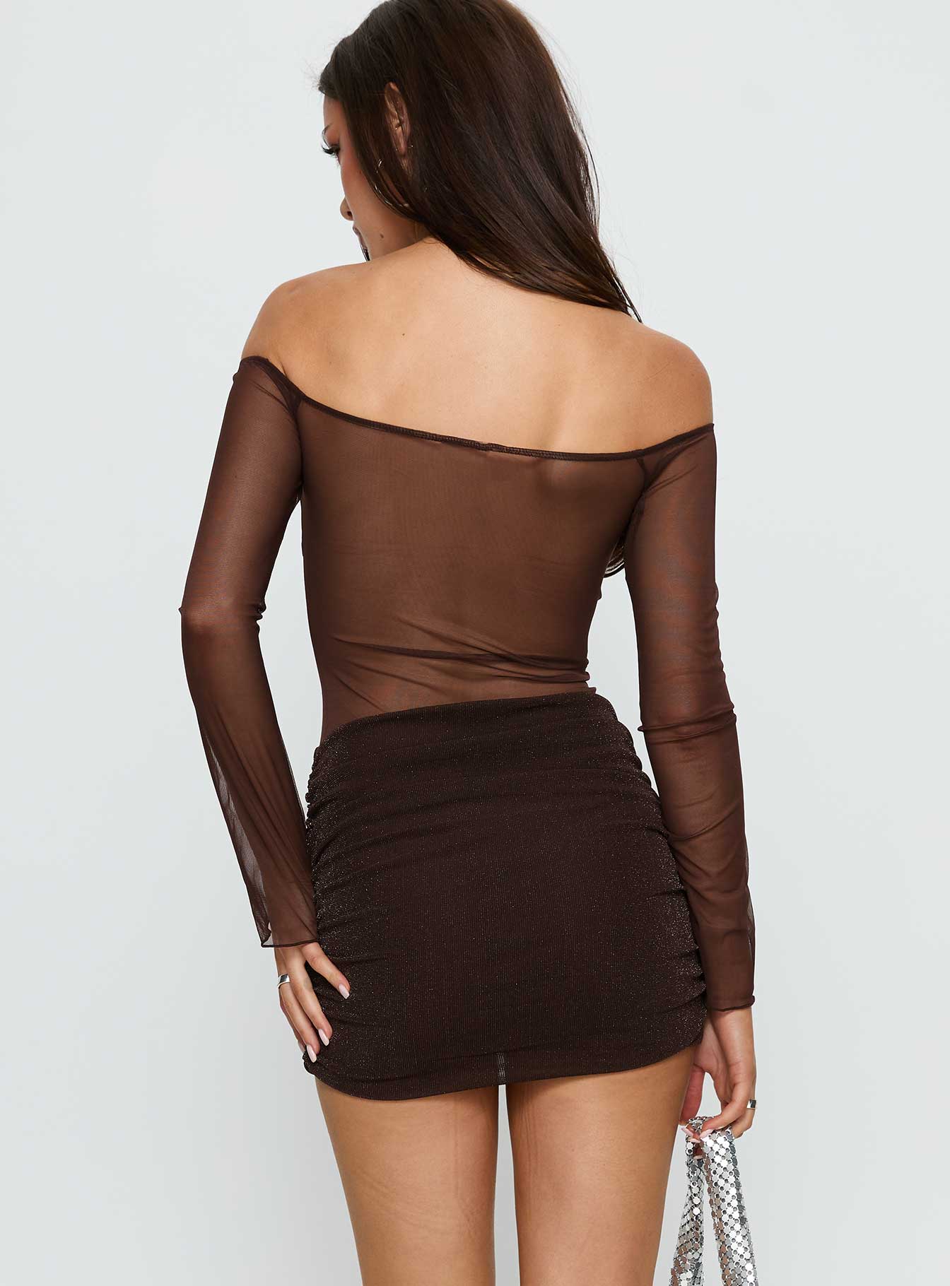 Briseida Mesh Long Sleeve Mini Dress Chocolate - TREBLEV