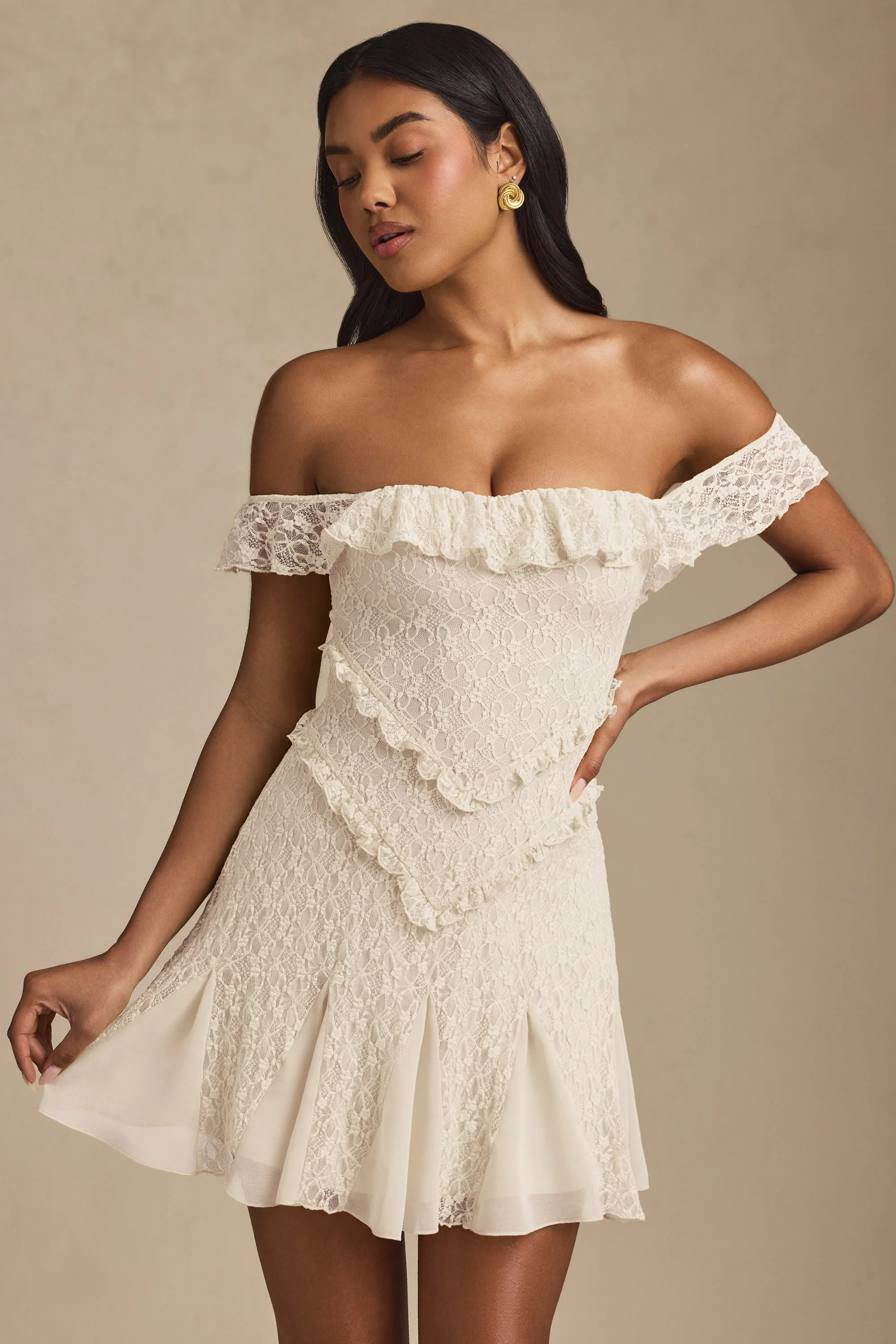 Off-Shoulder Lace A-Line Mini Dress in Ivory - TREBLEV