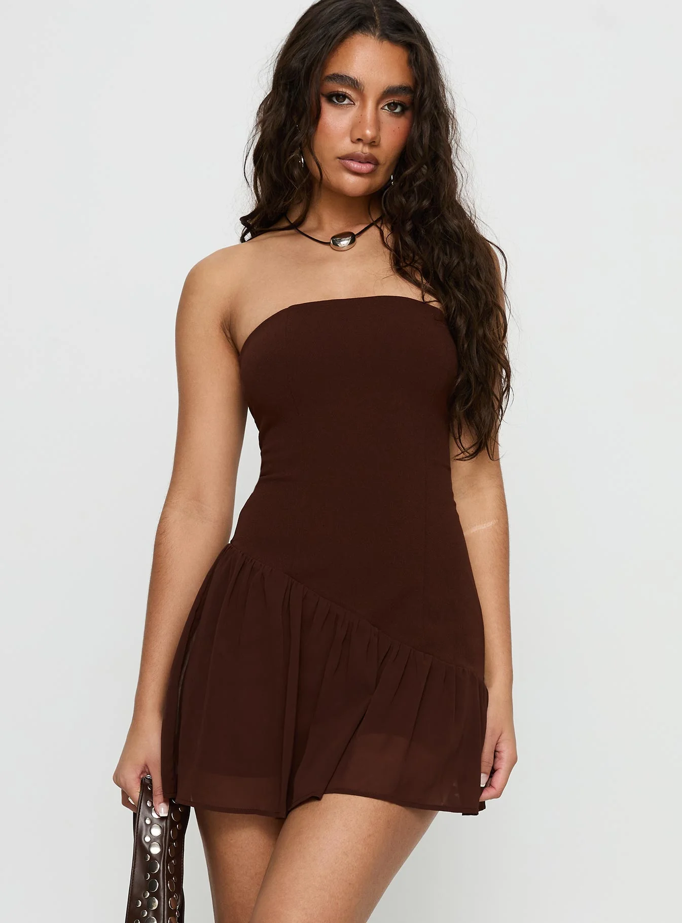 Hadlea Strapless Asymmetrical Mini Dress Brown - TREBLEV