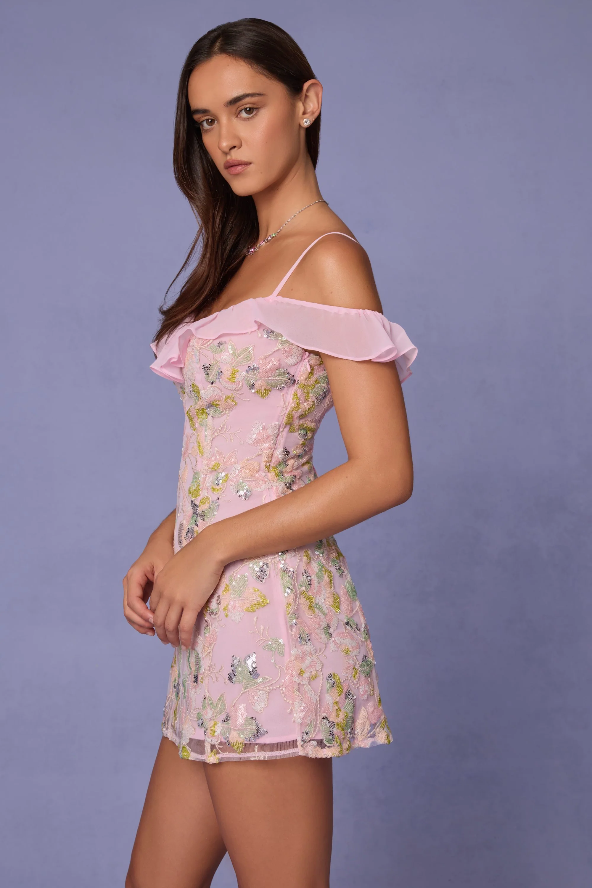Embellished Lace-Up A-Line Mini Dress in Soft Pink - TREBLEV
