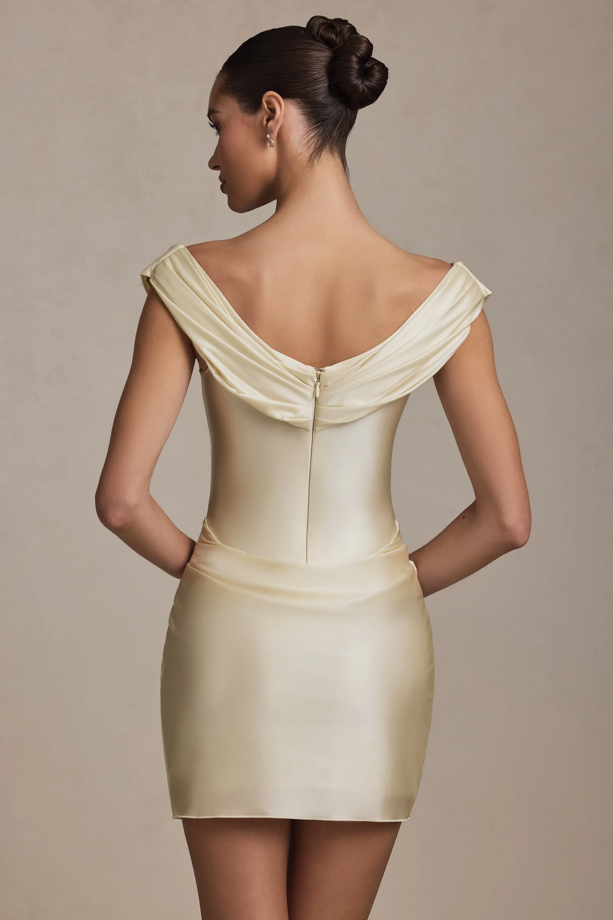 Off-Shoulder Draped Mini Dress in Ivory - TREBLEV
