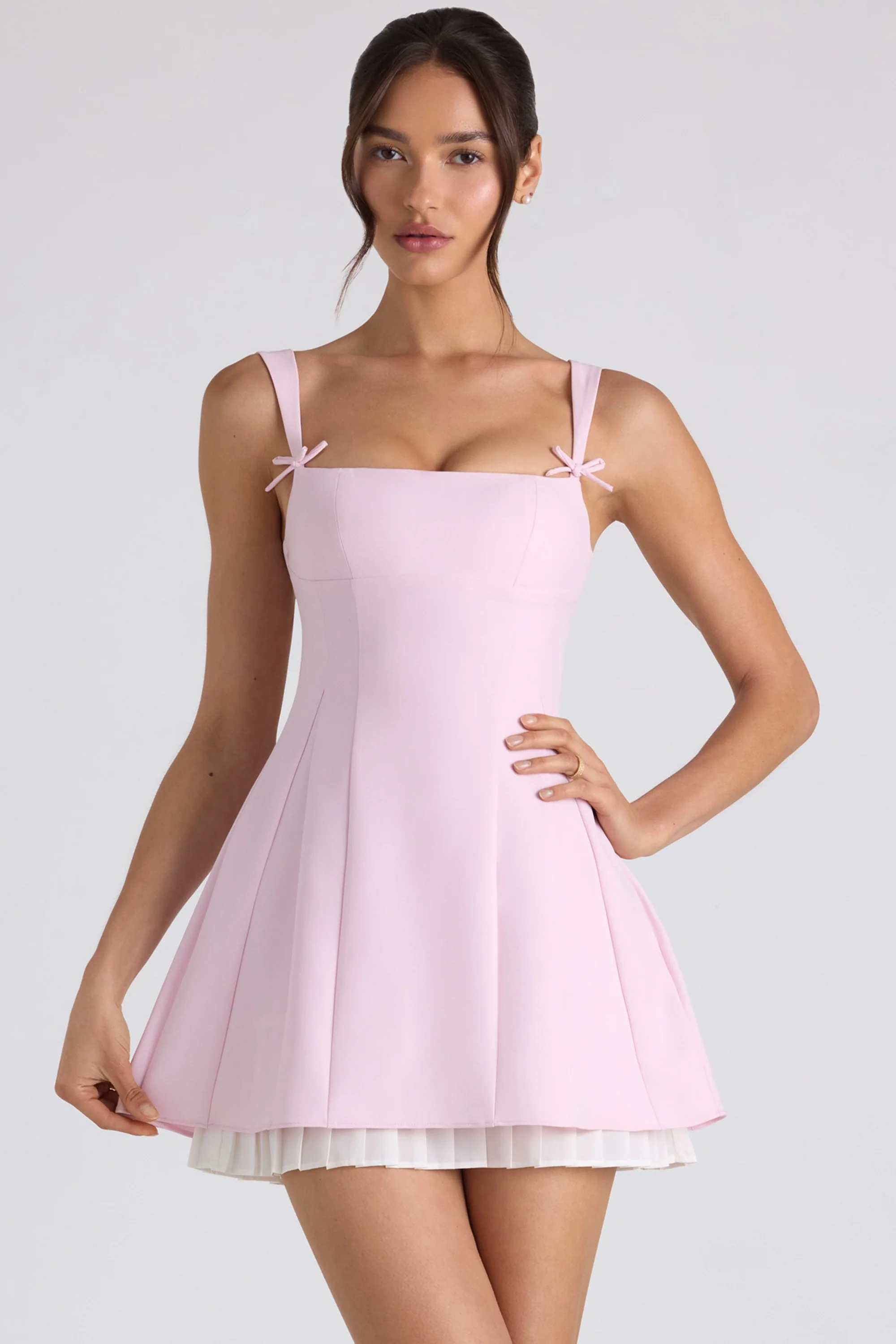 Bow-Detail Pleated A-Line Mini Dress in Soft Pink - TREBLEV