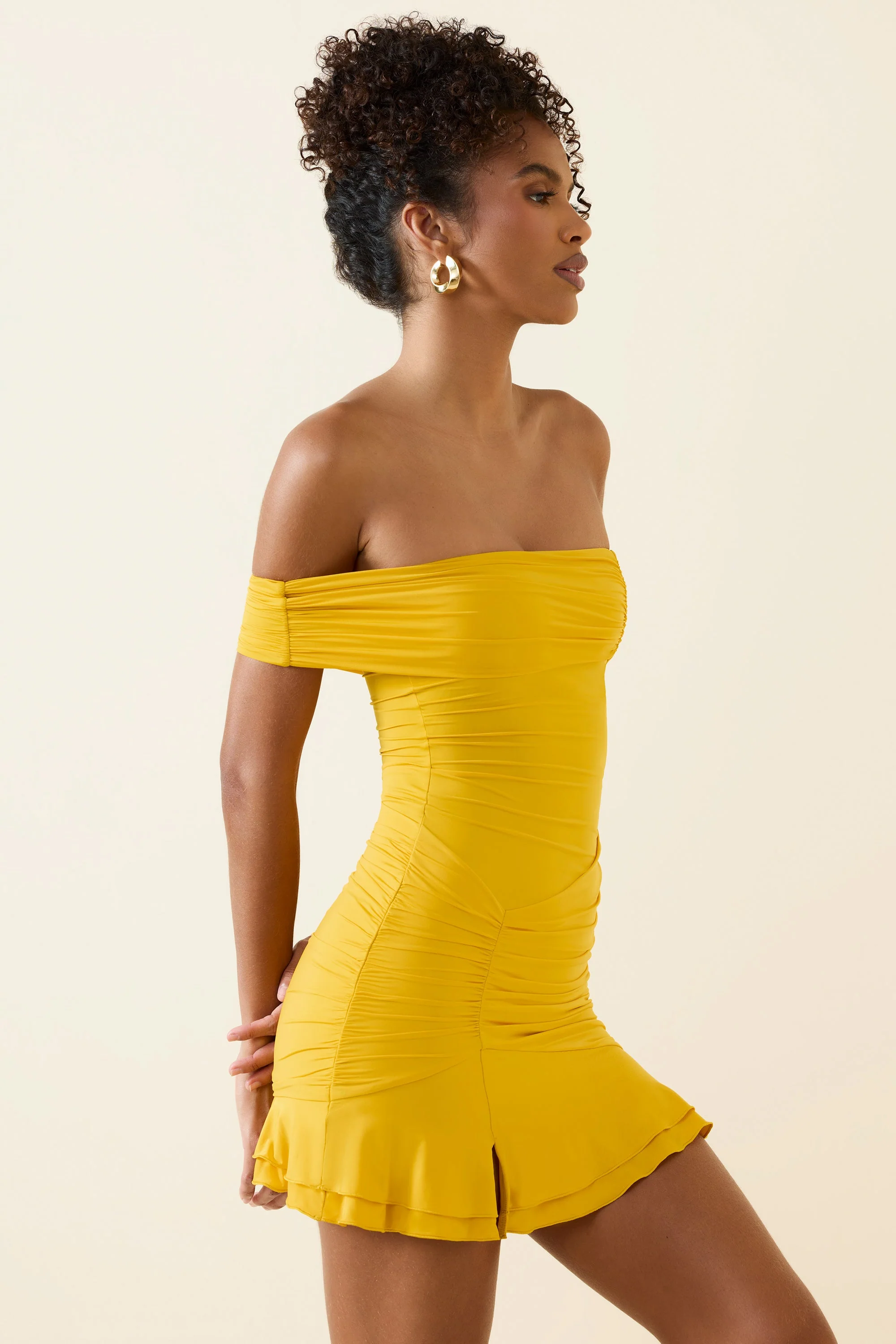 Asymmetric Ruched One-Shoulder Mini Dress in Golden Yellow - TREBLEV