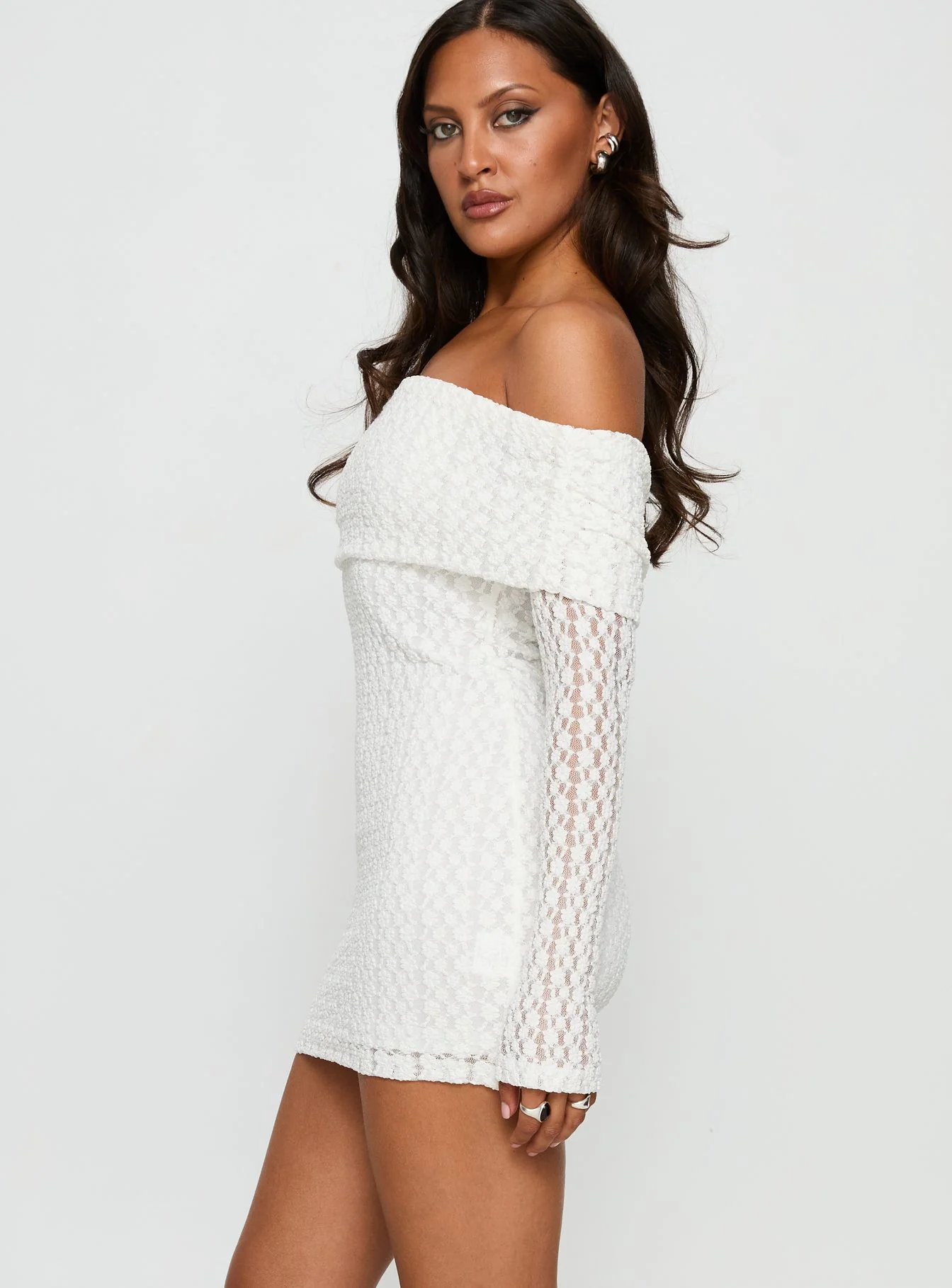 Leora Off Shoulder Long Sleeve Mini Dress White - TREBLEV